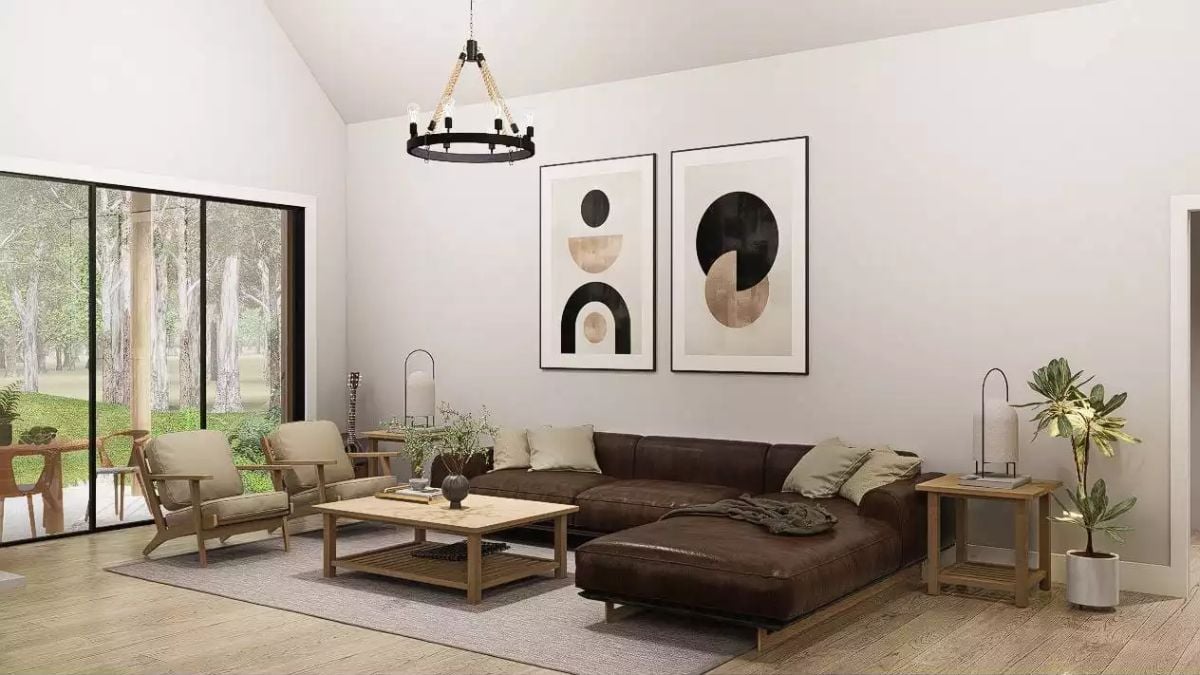 Dark Leather and Raw Wood Ground This Modern Farmhouse Living Room