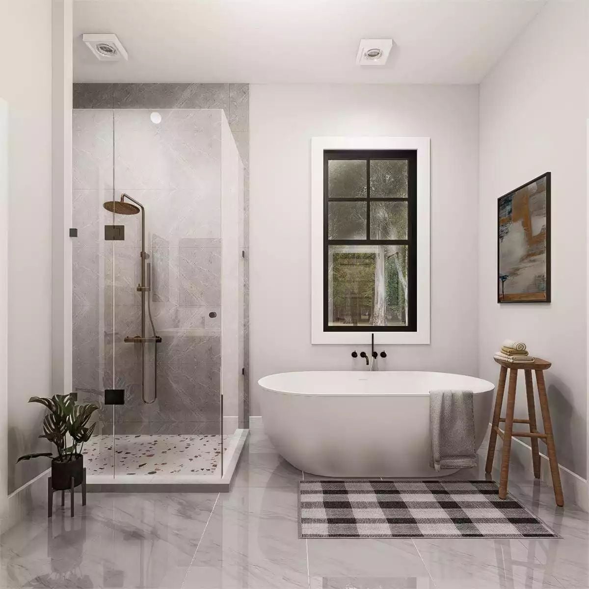 Freestanding Tub and Brass Shower Fixtures Pull This Bathroom in Two Directions at Once
