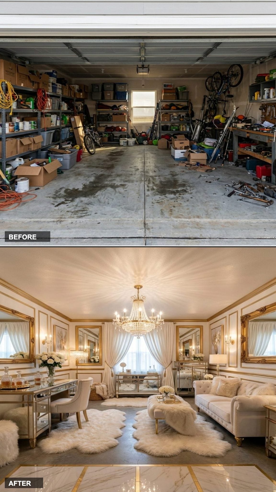 Full Glam Dressing Room with Crystal Chandelier and Mirrored Furniture