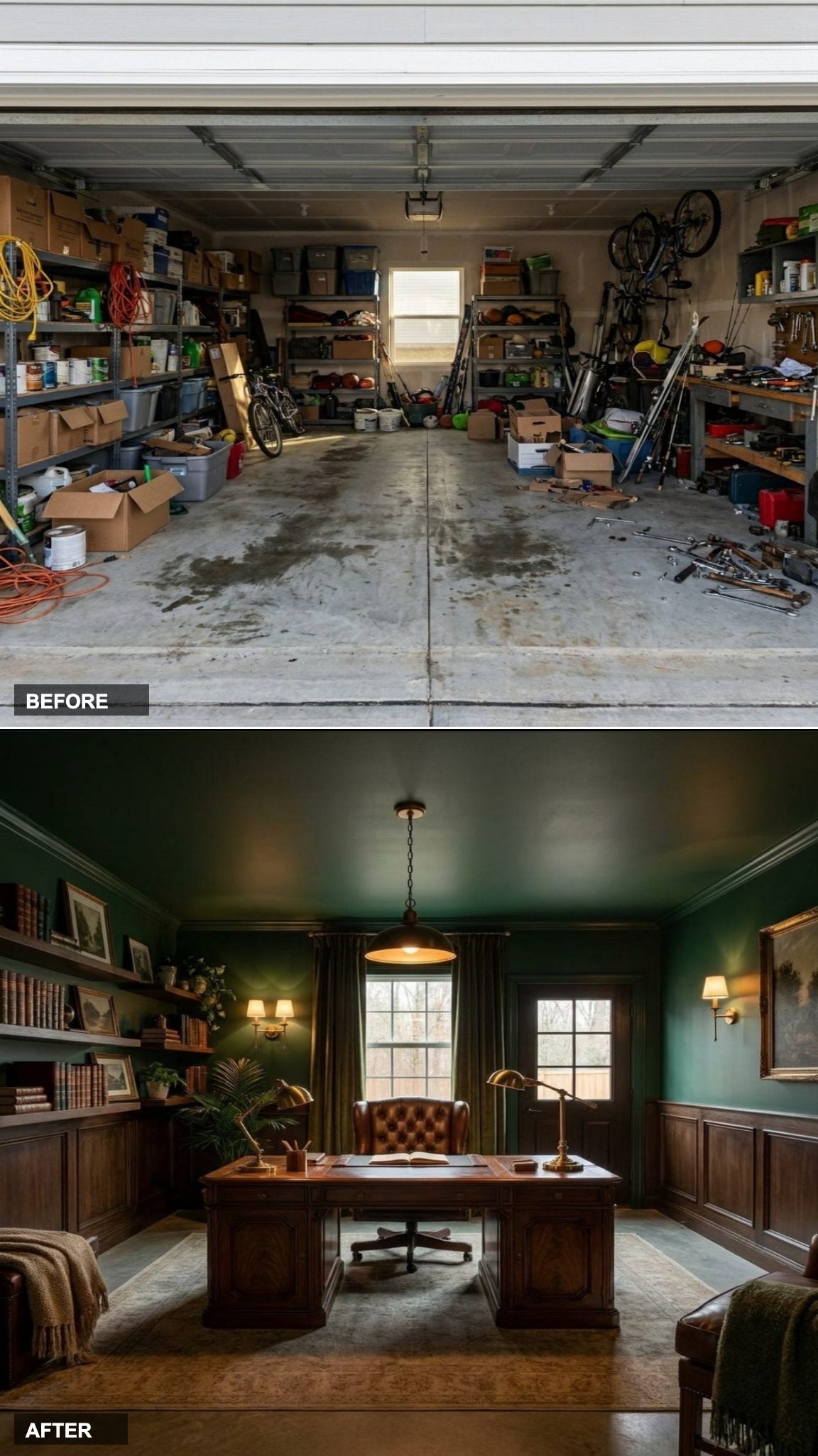 Moody Writer's Den with Deep Green Walls, Leather Chair, and Library Lighting
