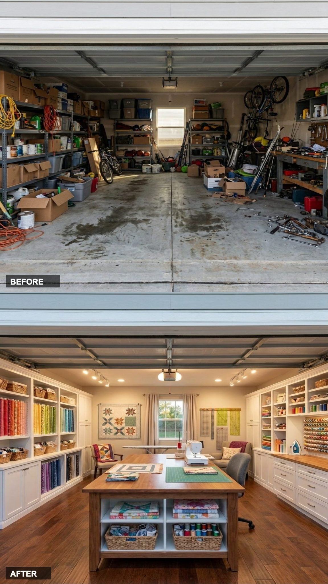 Quilter's Dream Studio with Expansive Work Table and Fabric-Lined Walls