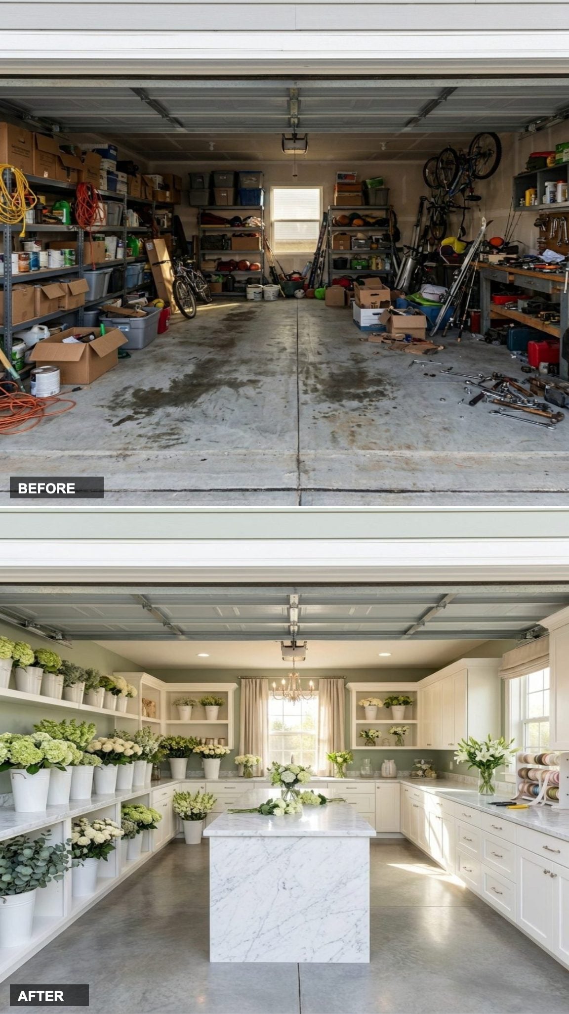 Floral Arranging Haven with Marble Counters and Buckets of Fresh Blooms