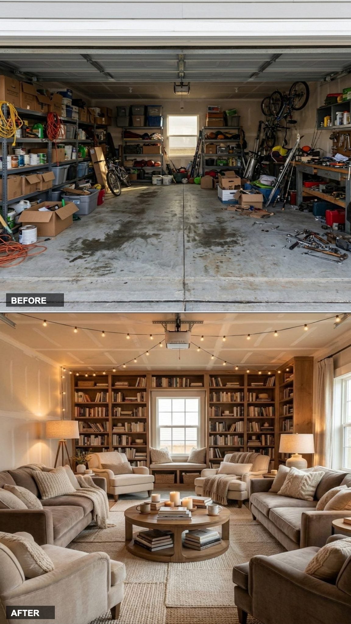 From Oil-Stained Concrete to a Layered Book Club Lounge in Warm Neutrals