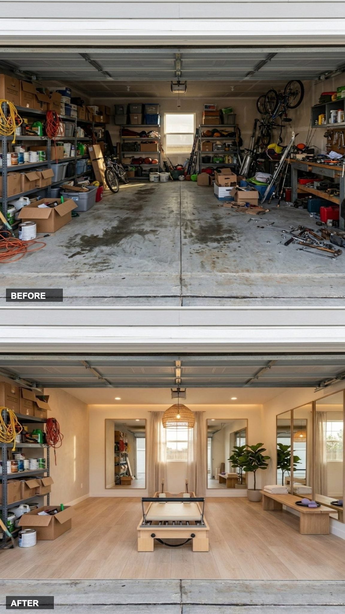 Garage Clutter Becomes a Minimal Pilates Studio with Reformer and Floor-to-Ceiling Mirrors