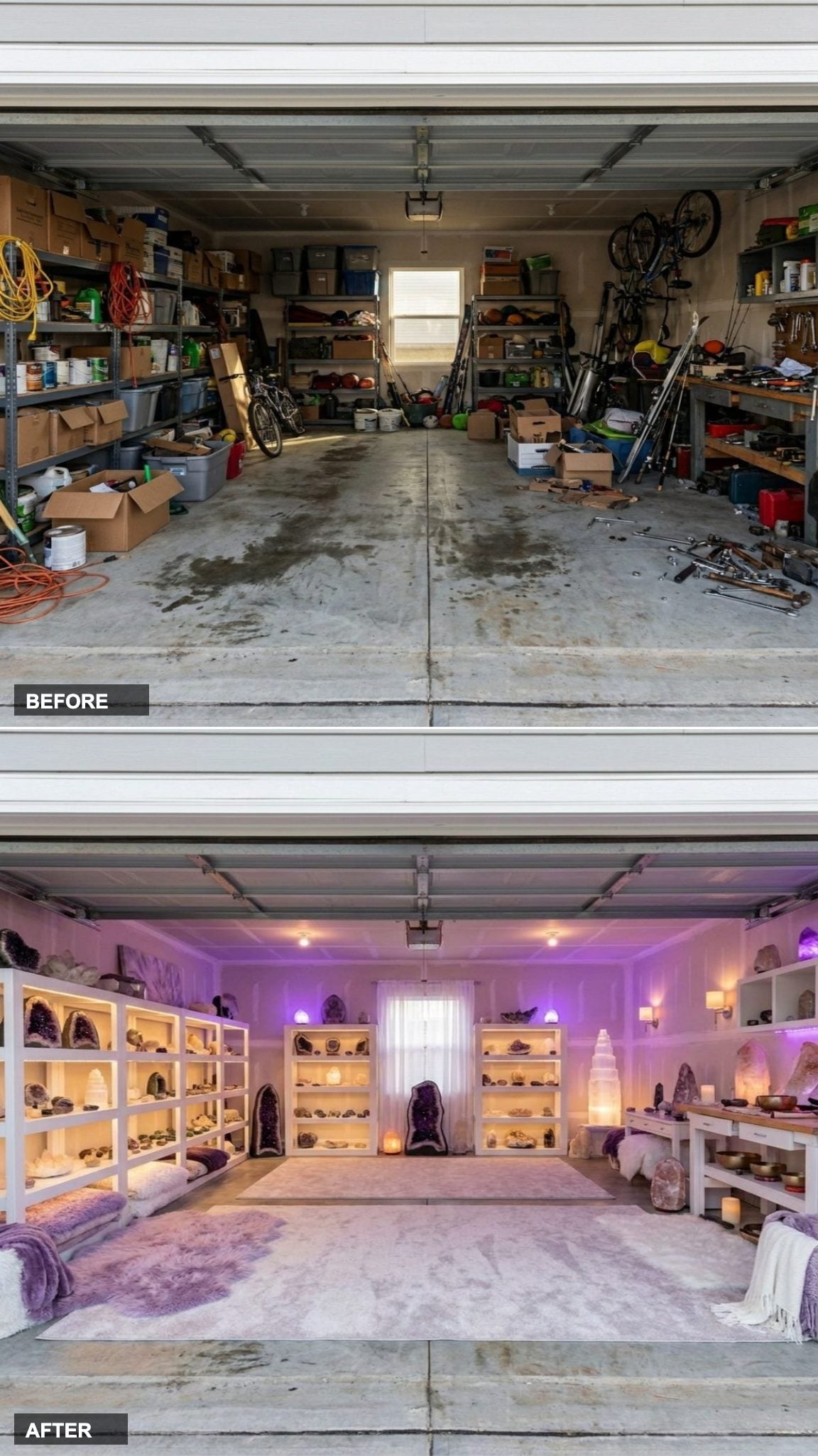 Crystal Healing Sanctuary in Soft Purples and Whites with Glowing Display Shelves
