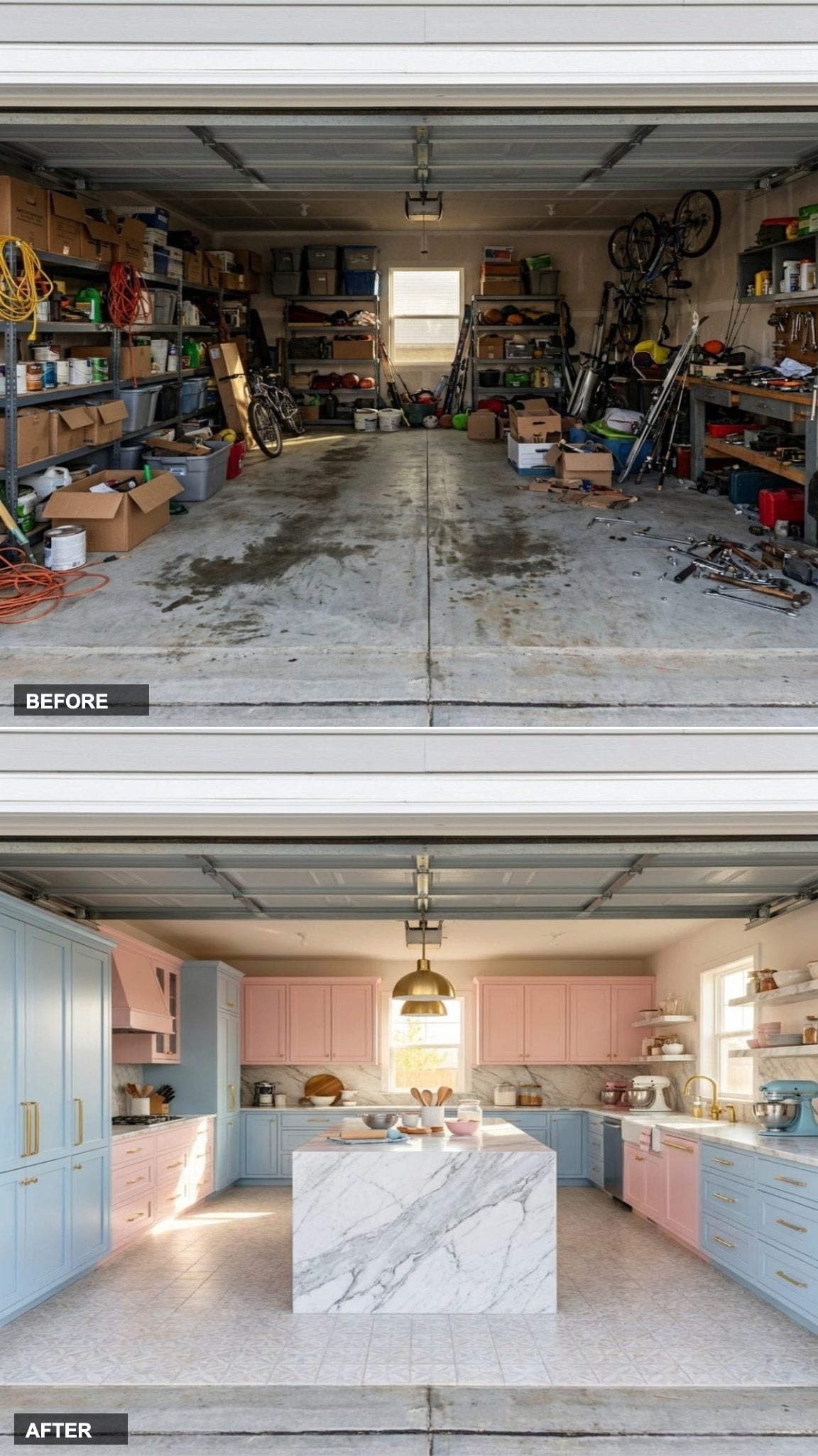 Pastel Cabinetry and Marble Island Turn a Grimy Garage into a Baking Prep Paradise
