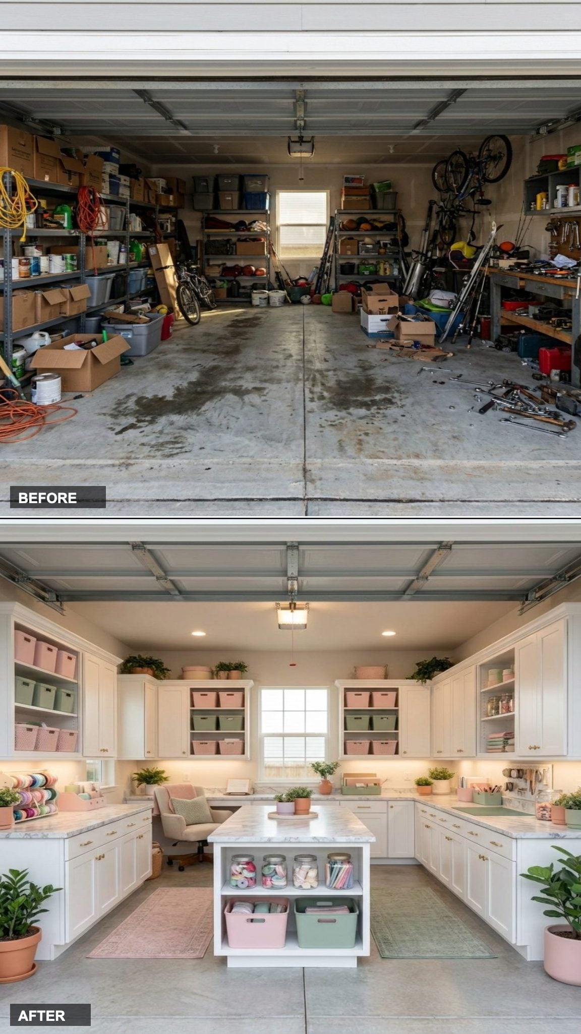 From Oil-Stained Concrete to Marble Worktops and Pastel Storage: A Crafter's Dream in Pink and Sage