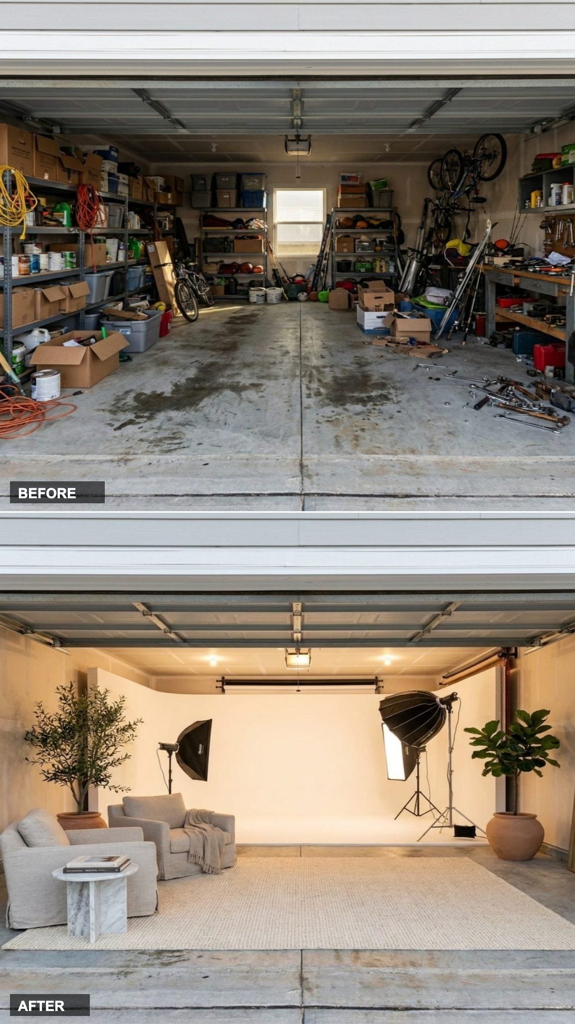 Open Photography Studio in Neutral Tones with Backdrop Wall and Professional Lighting Rigs