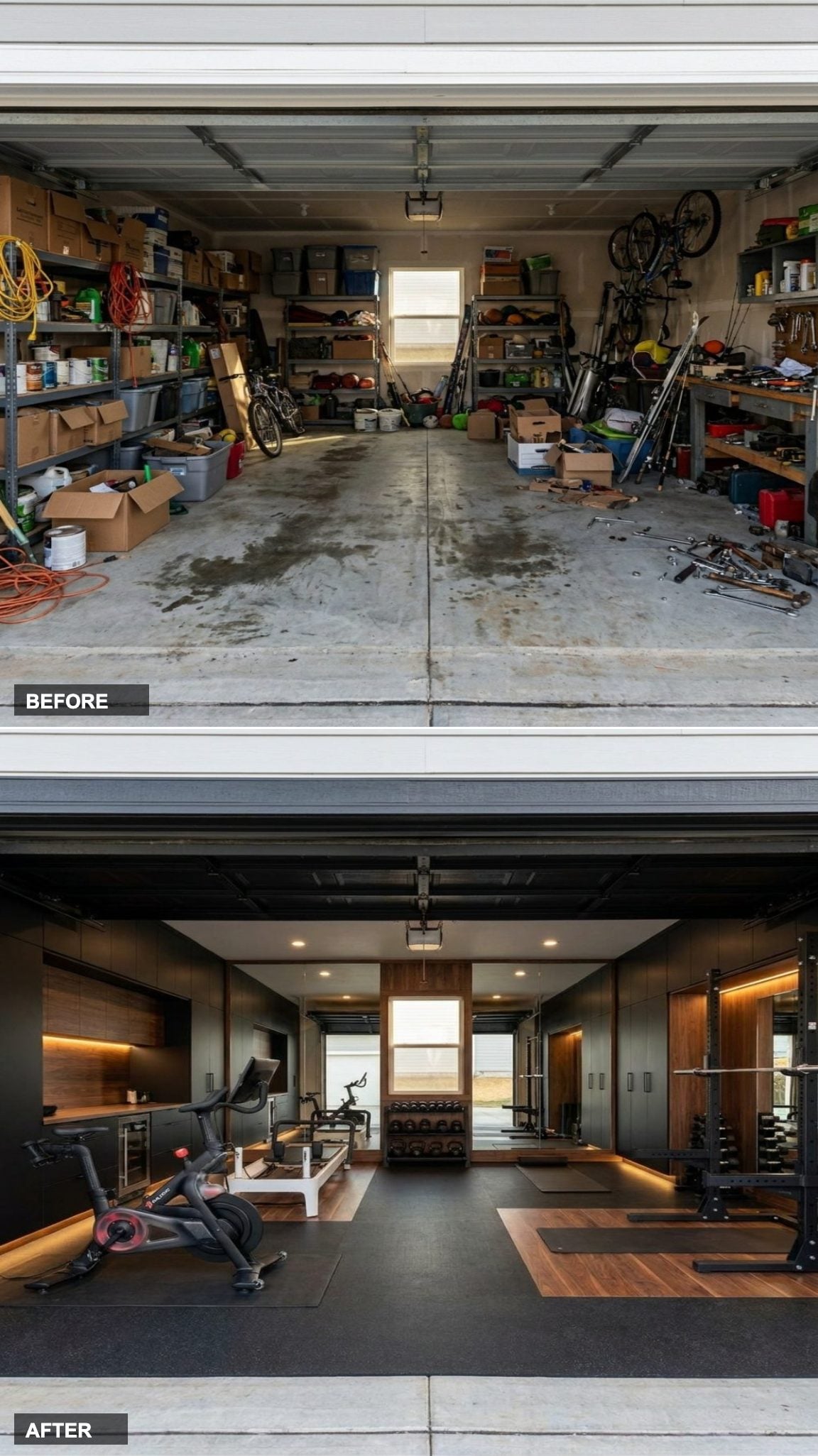 Sleek Black and Wood Finishes Disguise a Garage-Born Home Gym with Mirrored Walls and Hidden Storage
