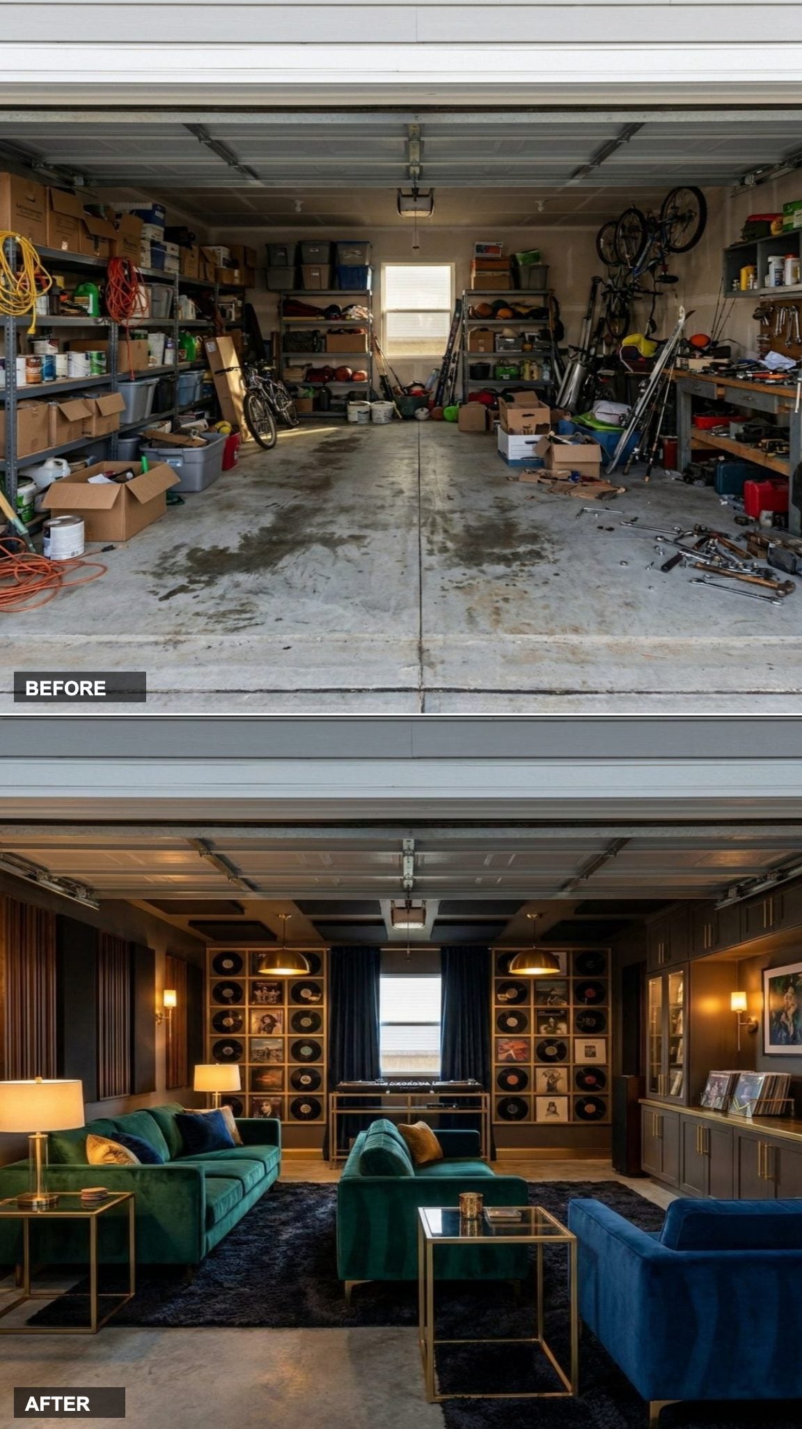 Dark Velvet Sofas, Vinyl Displays, and Gold Accents Forge a Moody Music Listening Lounge