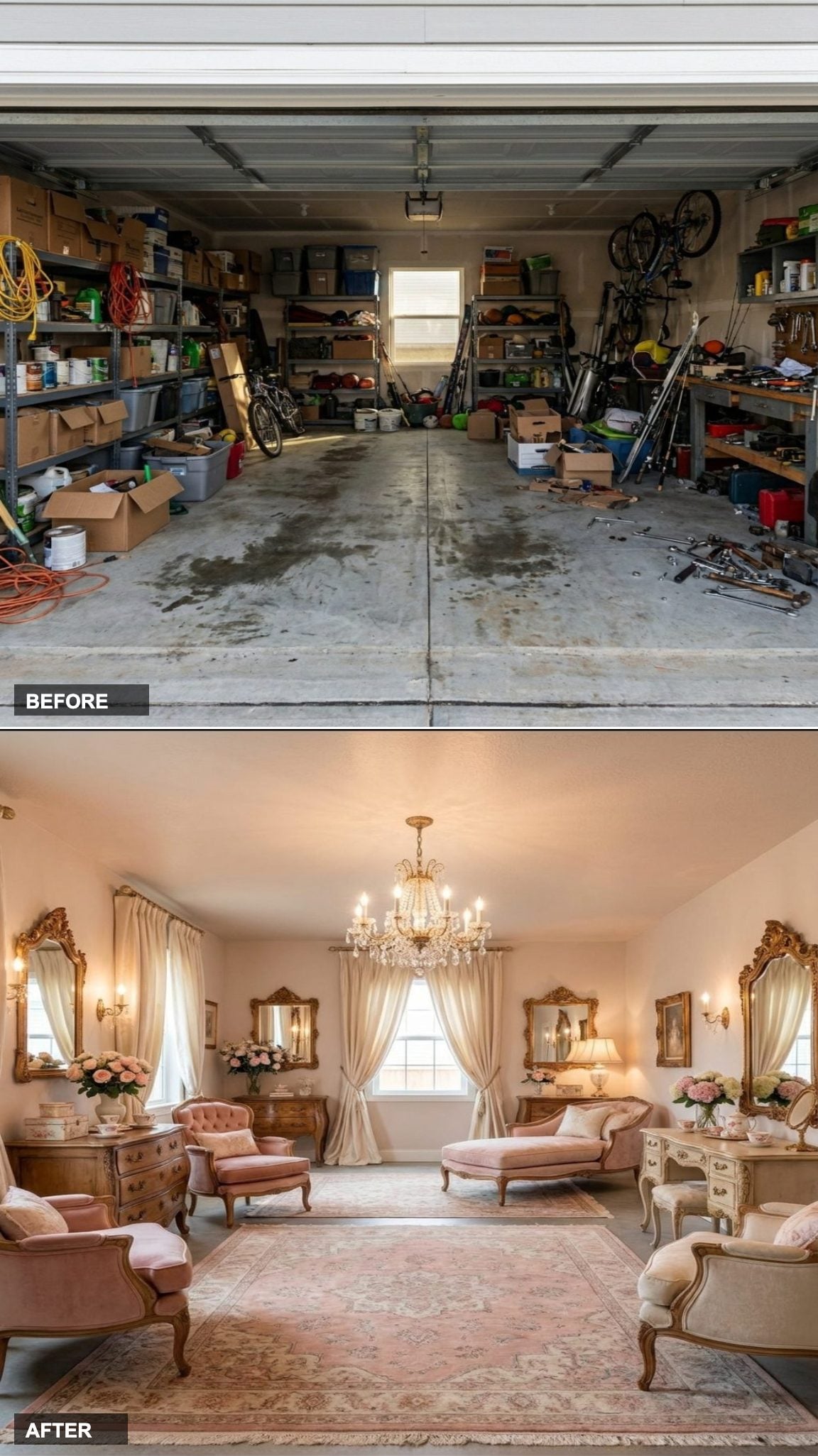 French Antique Parlor in Blush and Cream with Ornate Gilded Mirrors