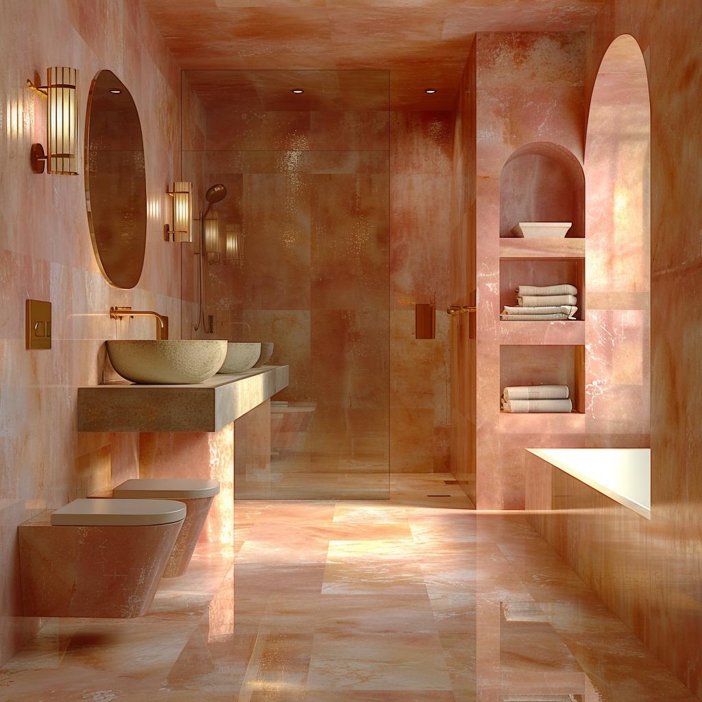 Warm Pink Onyx Gets an Arched Niche and Brass Hardware to Match