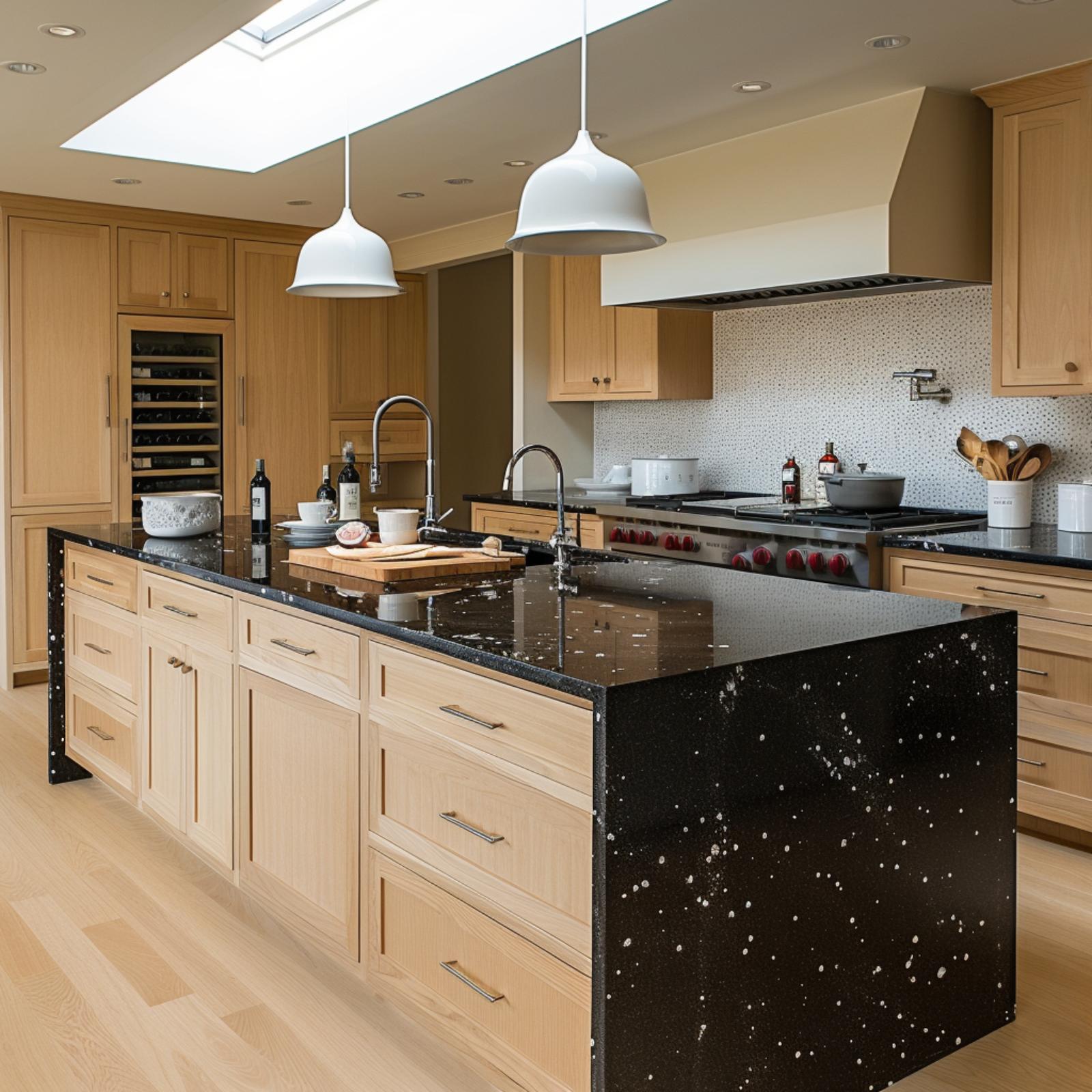 Galaxy Granite, Maple Cabinetry, and Pendant Lights That Don't Compete