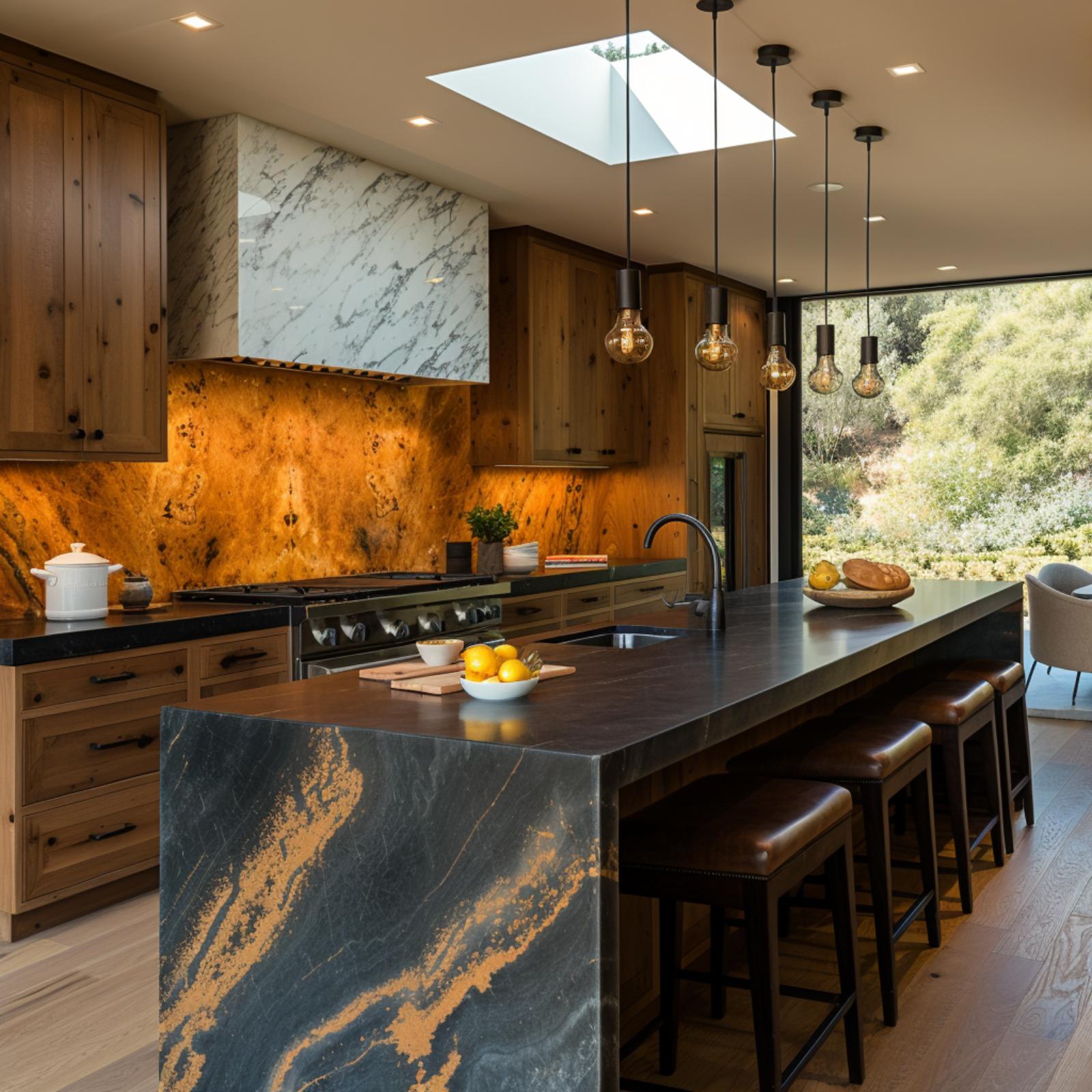 Burl Wood Backsplash, Marble Hood Cladding, and a Soapstone Island That Anchors It All