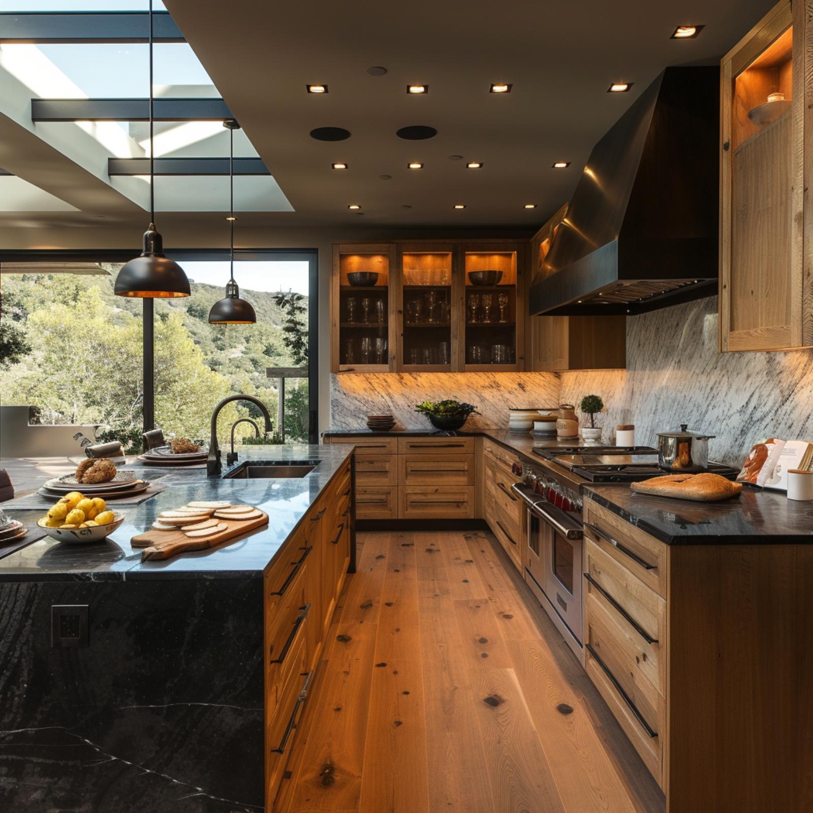 Knotty Oak Cabinets, a Slab Waterfall Island, and Pendants That Don't Overexplain