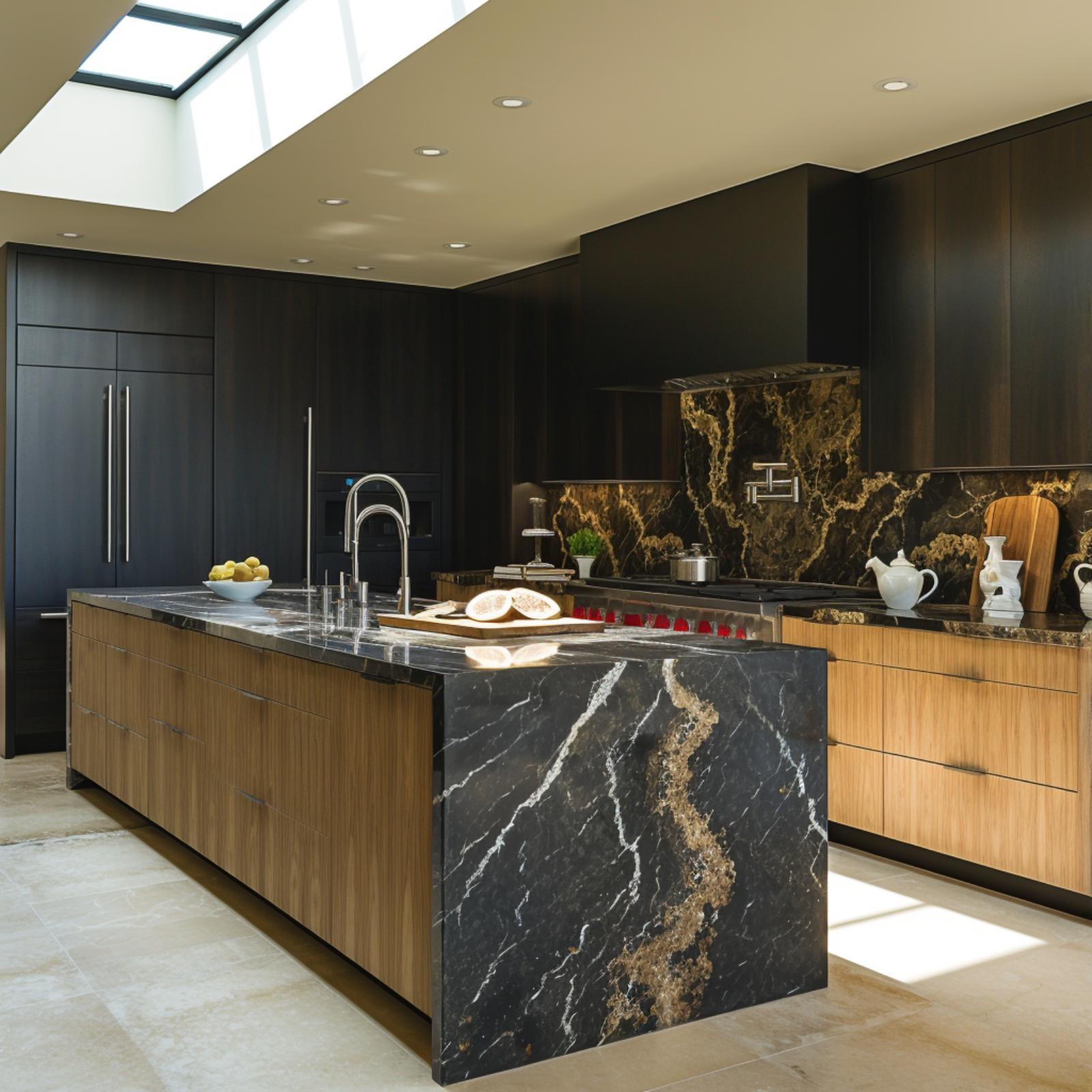 Dark Marble, Warm Wood, and a Skylight That Changes Everything