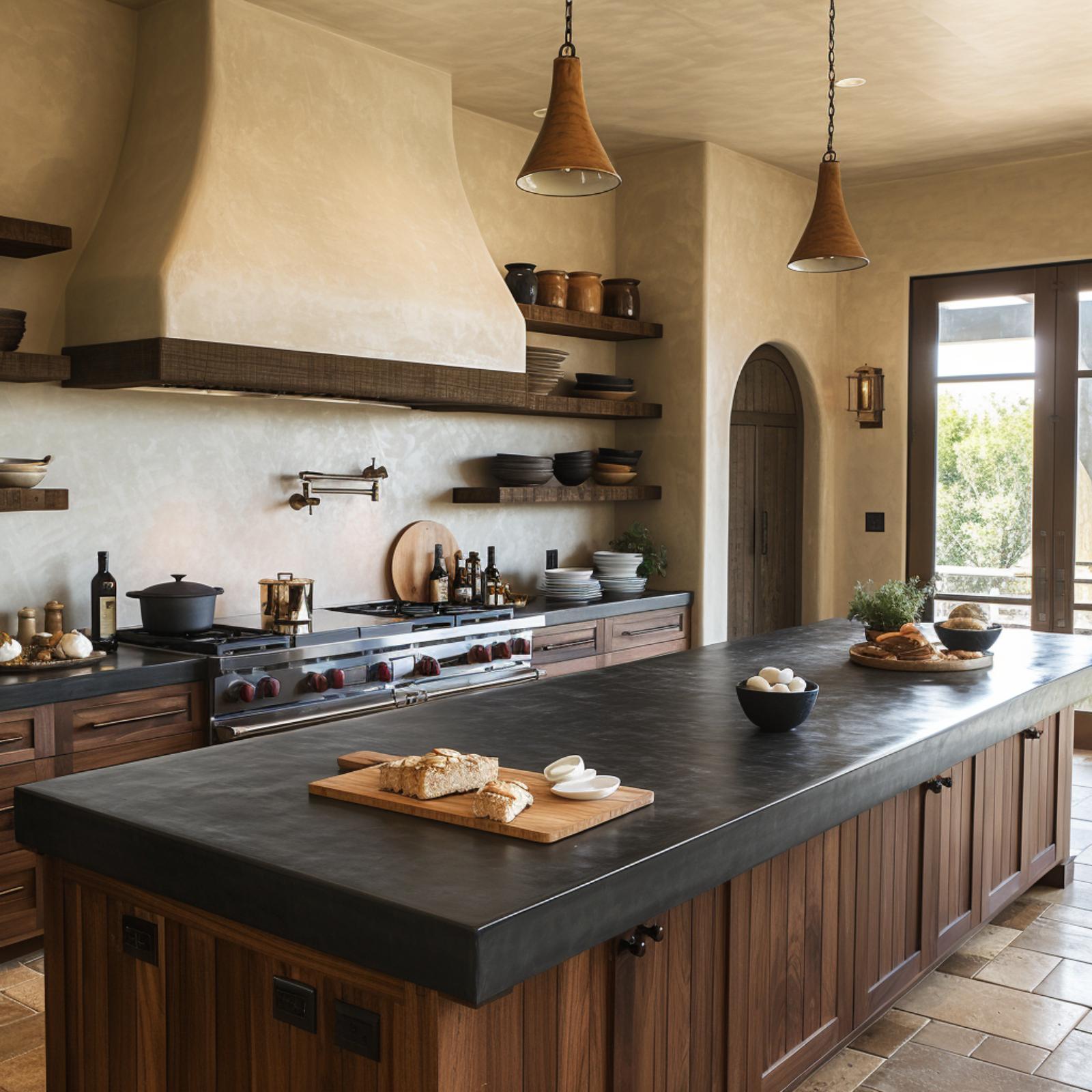Honed Concrete Island, Plaster Walls, and Walnut Cabinets That Don't Need to Try