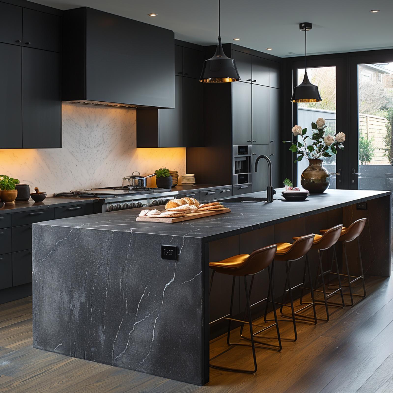 Black Quartzite, Cognac Leather Barstools, and Pendant Lights That Pull It Together