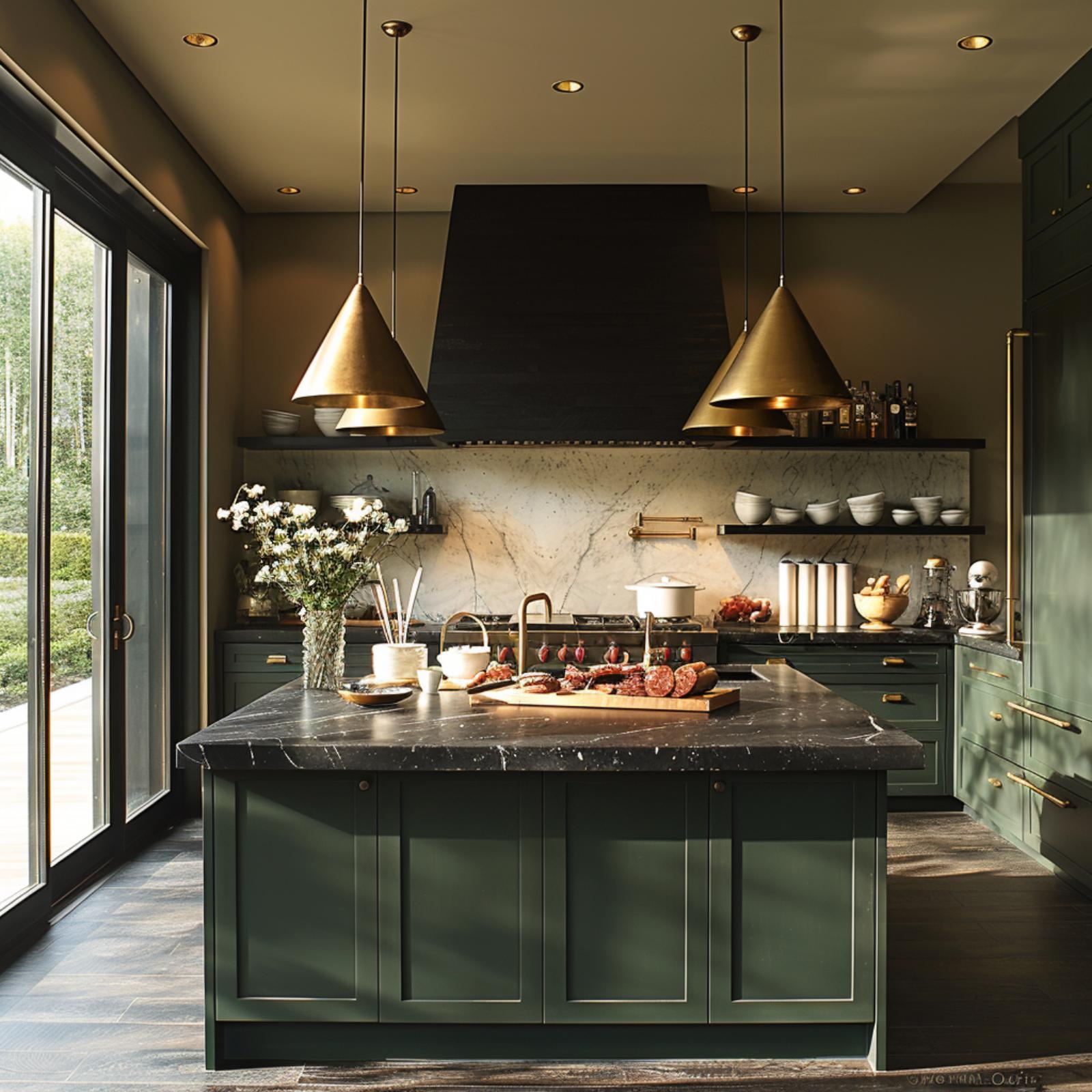 Dark Green Cabinets, a Black Hood, and Gold Pendants That Actually Earn the Drama