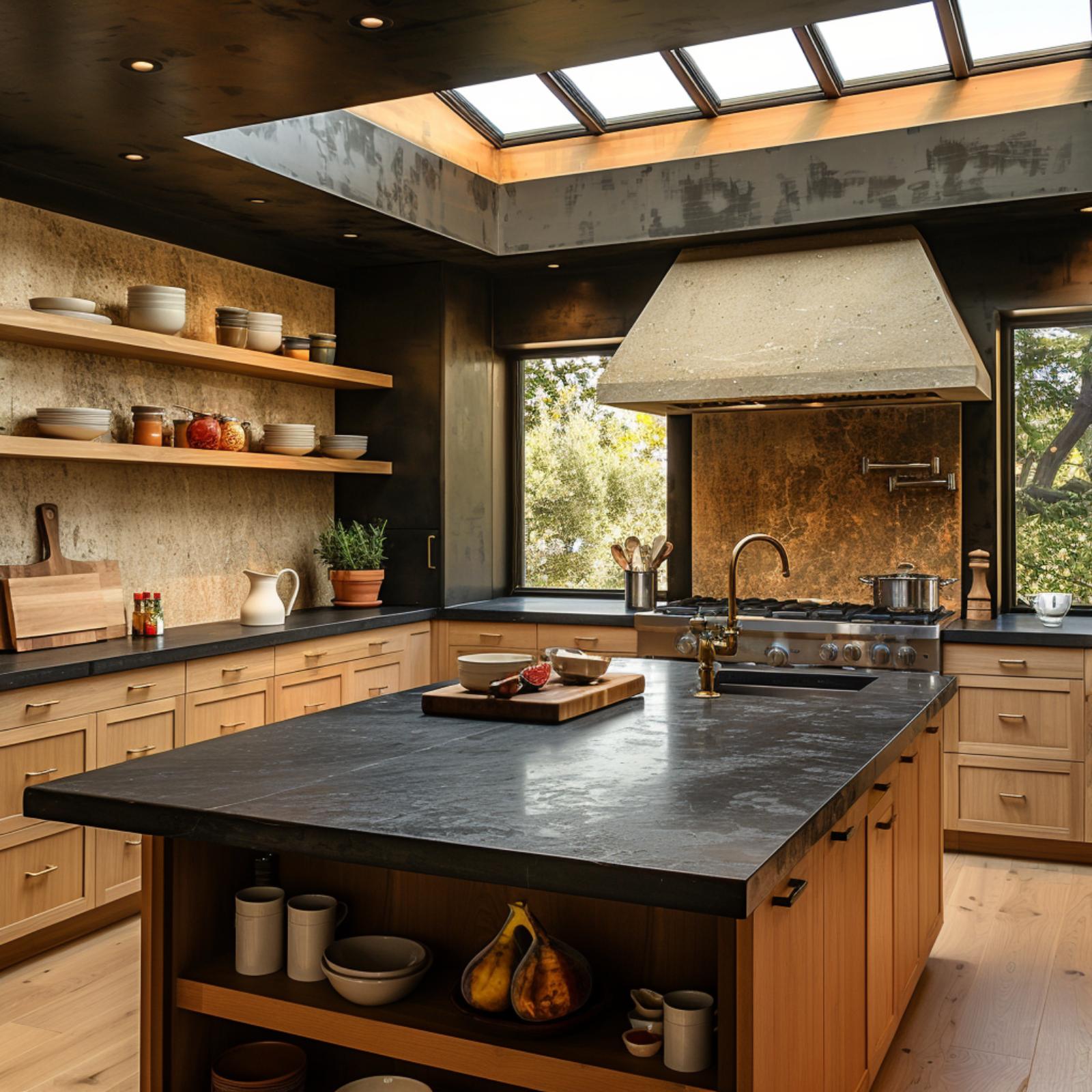 Concrete Hood, Oxidized Backsplash, and Light-Wood Cabinets That Hold Their Own