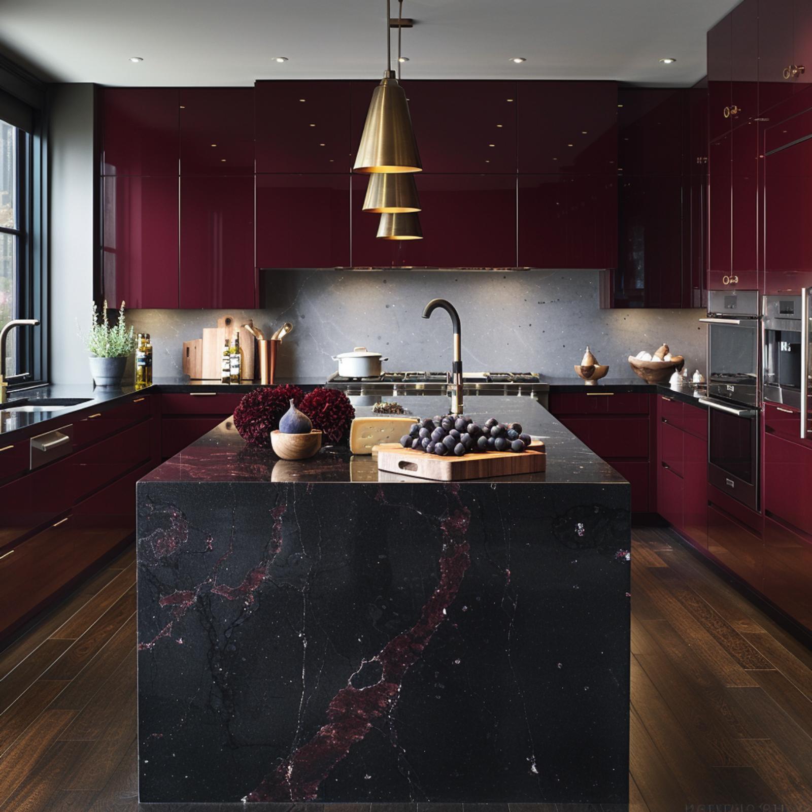 Burgundy Lacquer, Black Marble Waterfall, and Brass Pendants That Don't Apologize