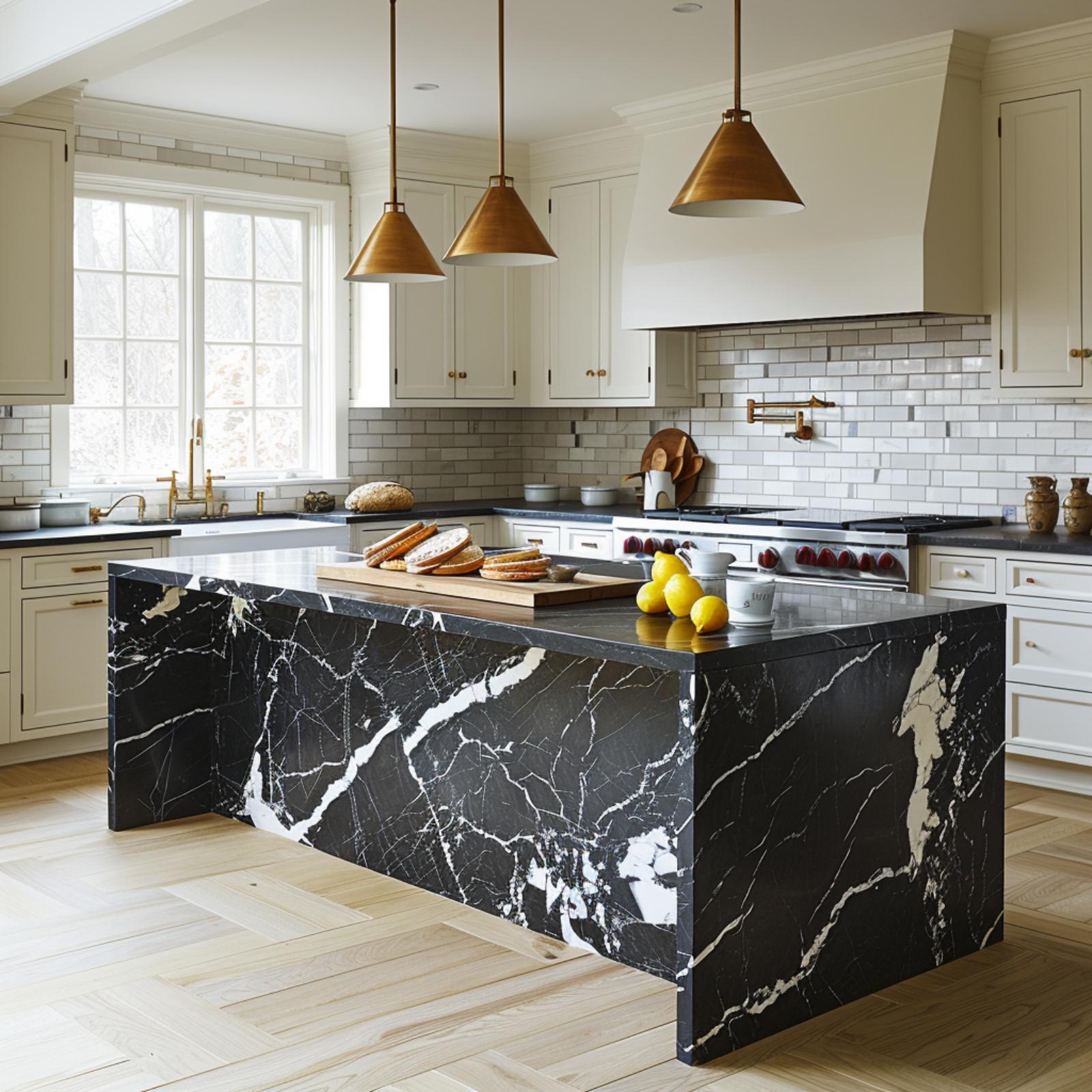 Black Marble Waterfall Island, Cream Cabinets, and Brass That Knows When to Stop