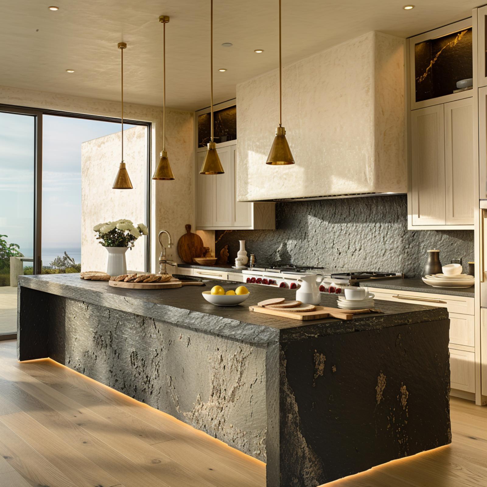 Rough-Cut Stone Island, Brass Pendants, and a Kitchen That Refuses to Be Polished