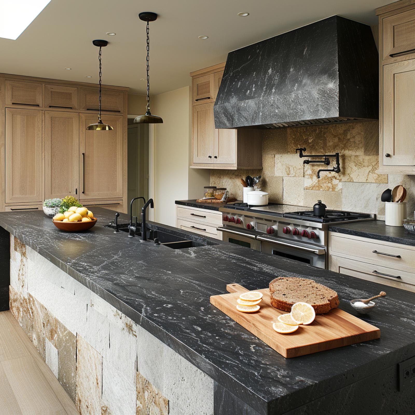 Leathered Soapstone, Stone-Clad Island Sides, and Brass Pendants That Know Their Moment