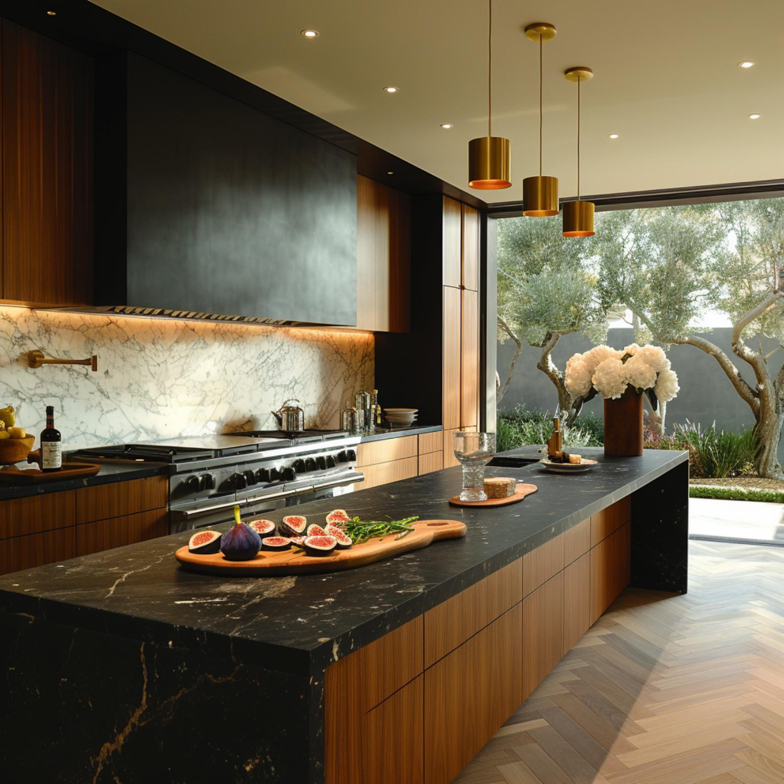 Walnut Cabinetry, Black Marble, and Brass Pendants That Earn Their Place