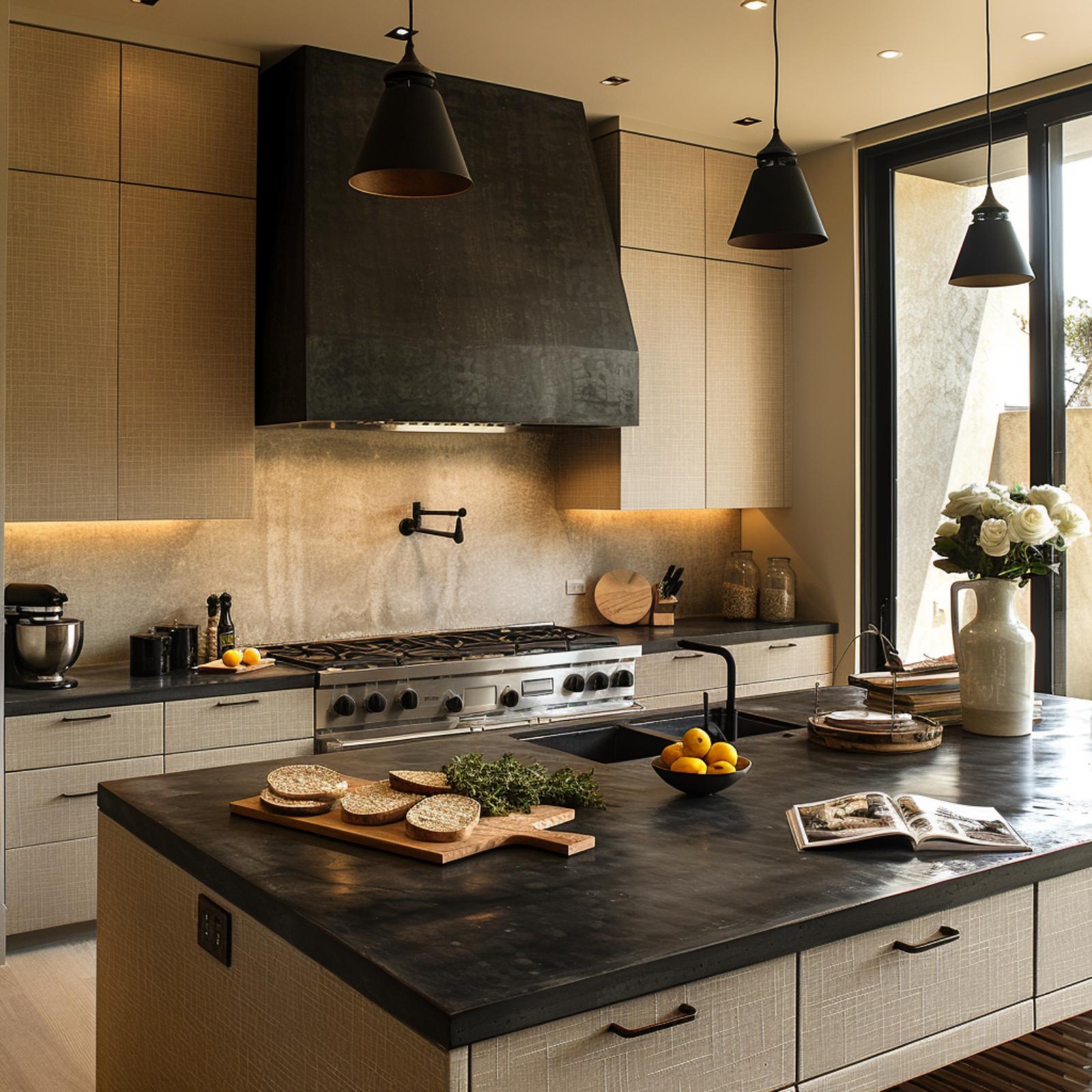 Matte Black Countertops, Linen-Textured Cabinets, and a Range Hood That Commands the Room