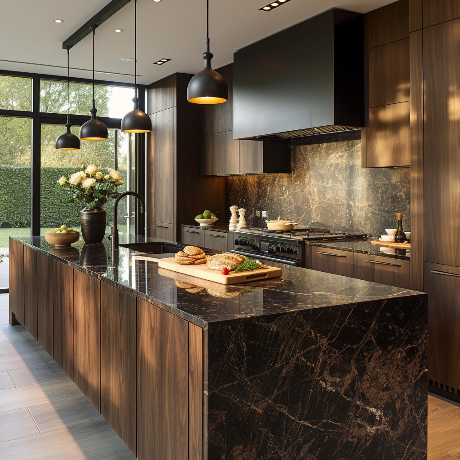 Walnut Cabinets, Veined Stone, and Three Pendant Lights That Mean Business