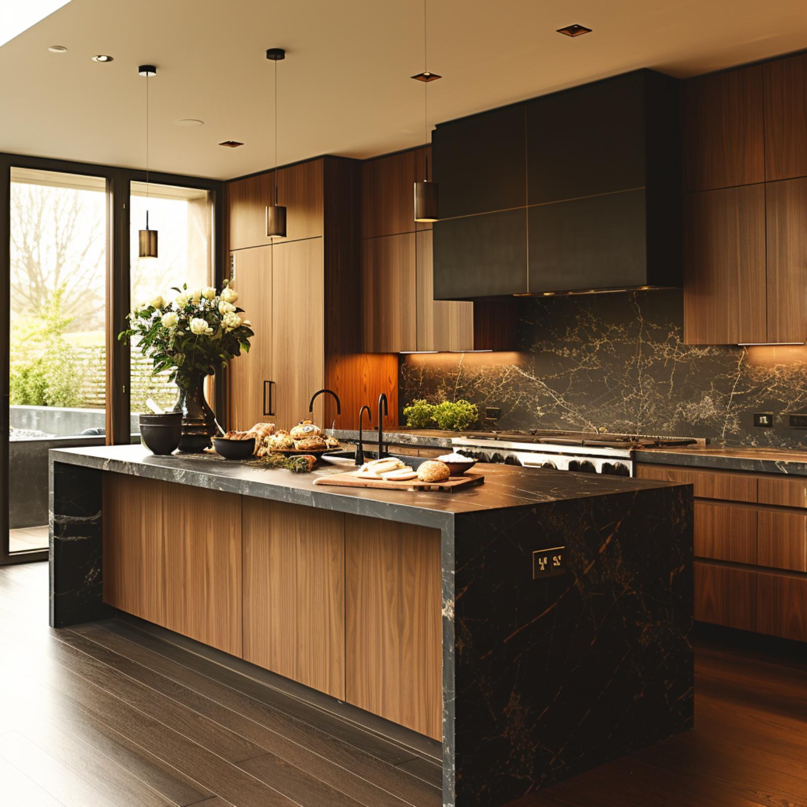 Walnut Grain, Veined Stone, and a Kitchen Island That Does the Heavy Lifting
