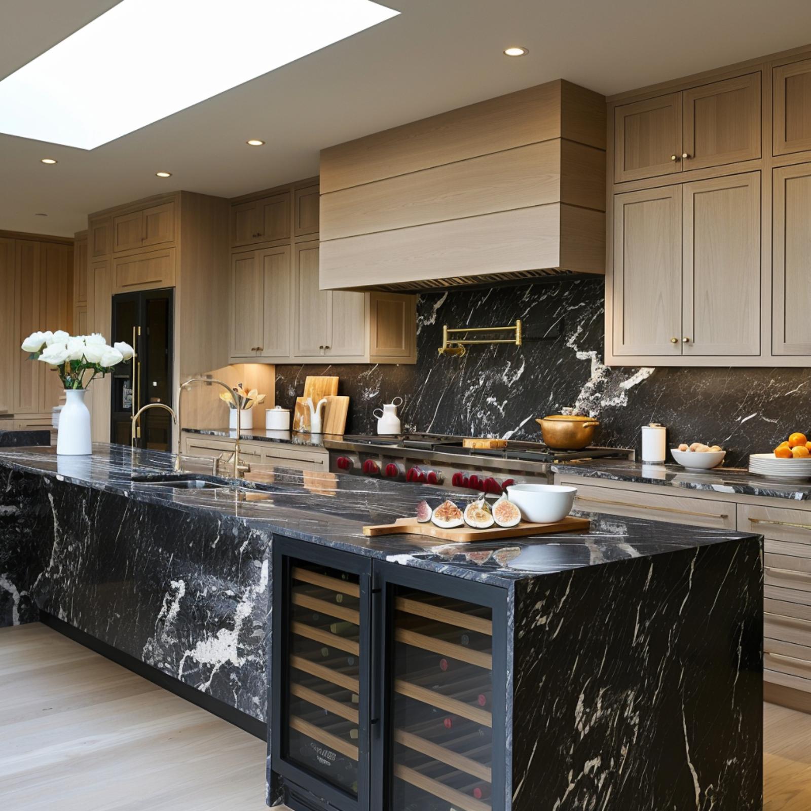Bleached Oak Cabinets, a Wine Fridge Built Into the Island, and Black Marble That Earns Its Place