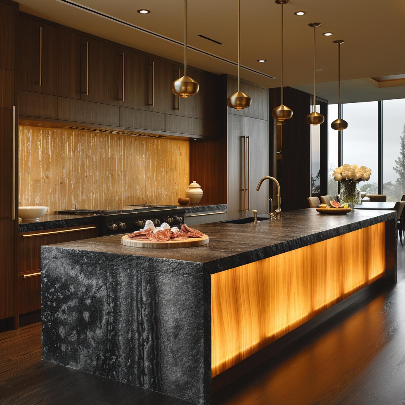 Leathered Black Stone, Backlit Onyx Panels, and Brass Pendants That Pull It Together