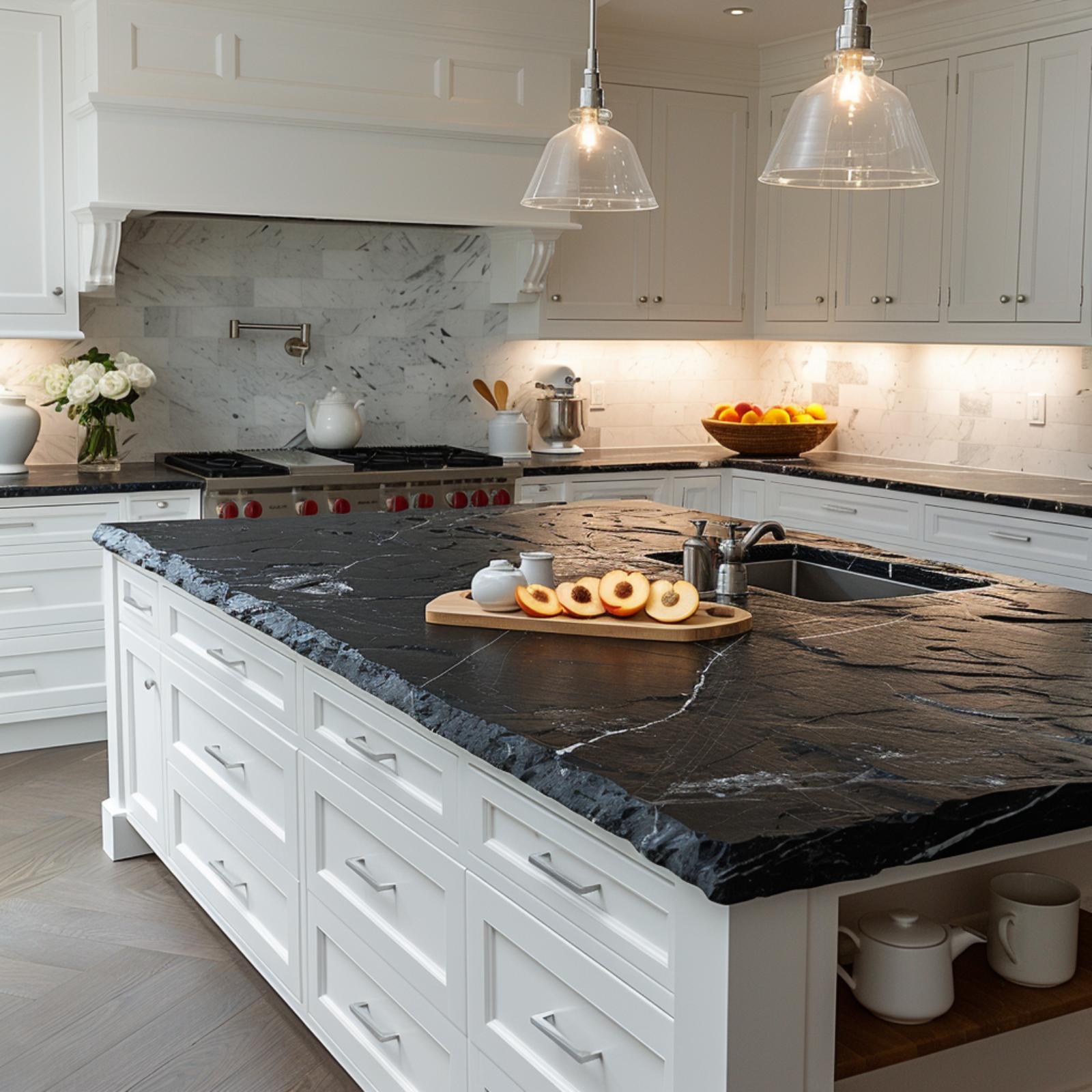 Soapstone Island, White Shaker Cabinets, and Glass Pendants That Let the Stone Speak