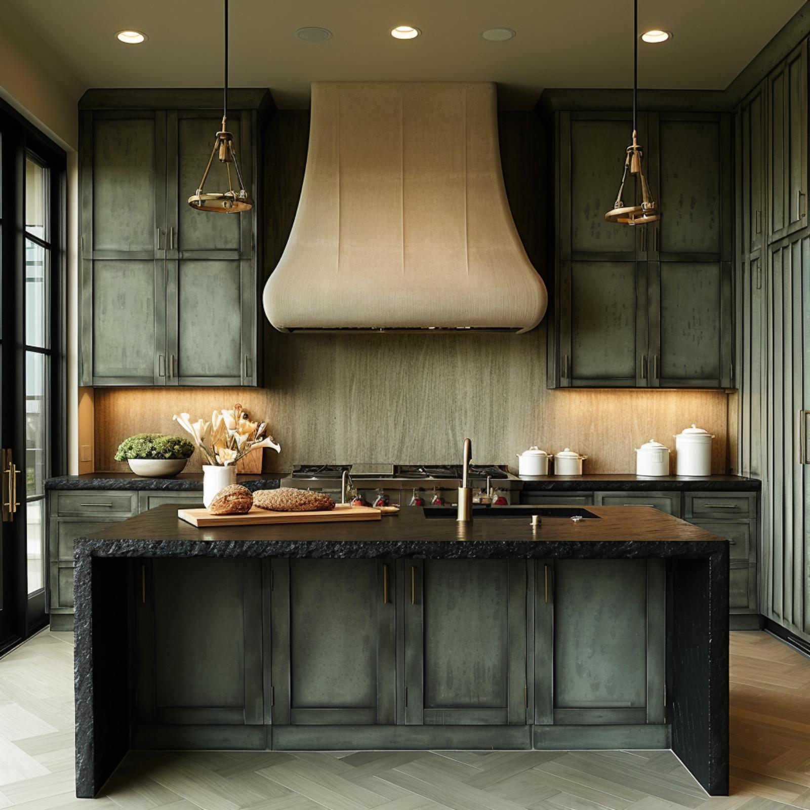 Sage Green Cabinets, a Plaster Hood, and Chiseled Stone That Holds the Room Together
