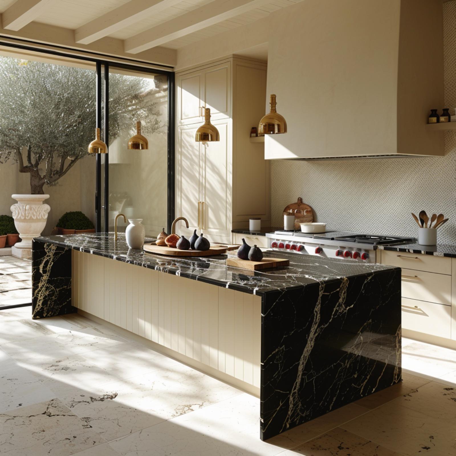 Nero Marquina Island, Cream Cabinetry, and Gold Pendants That Know When to Stop