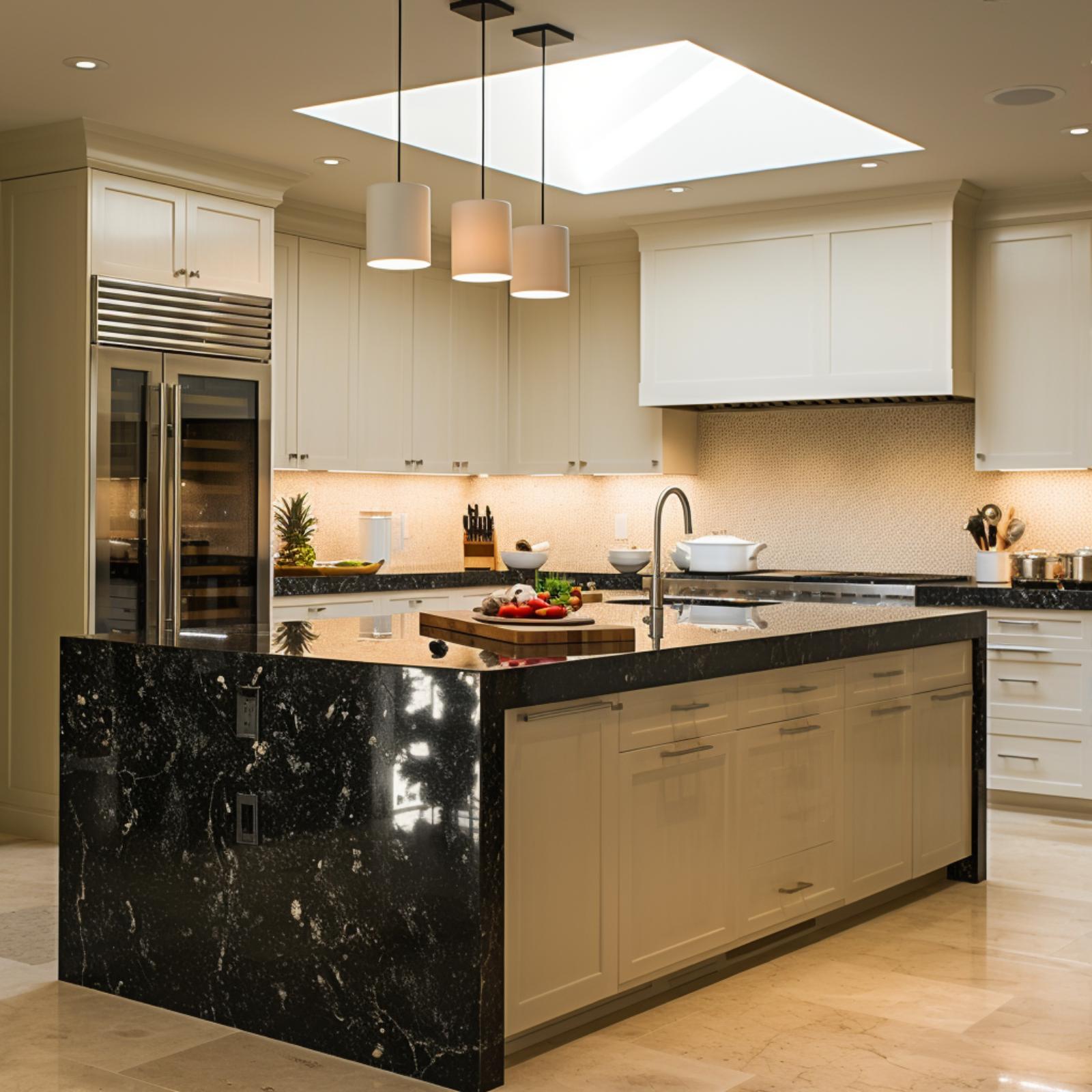 Cosmic Granite, Cream Cabinetry, and a Skylight That Does the Heavy Lifting
