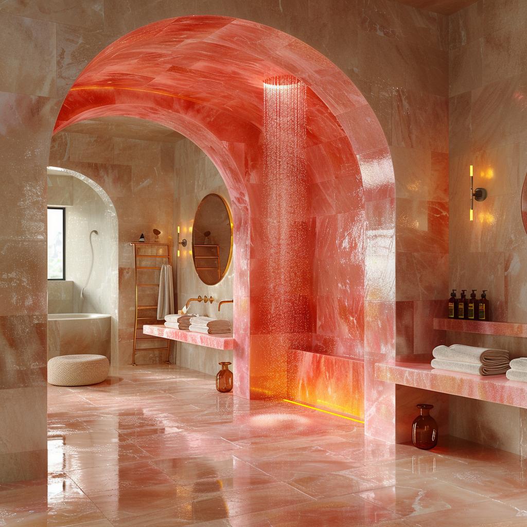 Backlit Rose Onyx, a Rain Shower Arch, and Warm Stone Doing the Heavy Lifting
