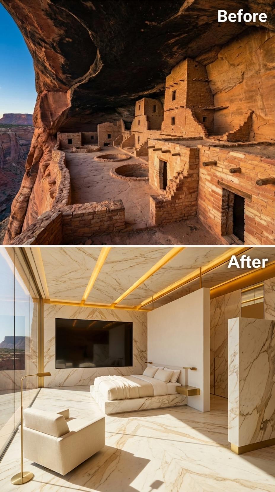 Marble Wrapped Ceiling to Floor, Gold Trim, and a Bed Facing Open Canyon Sky