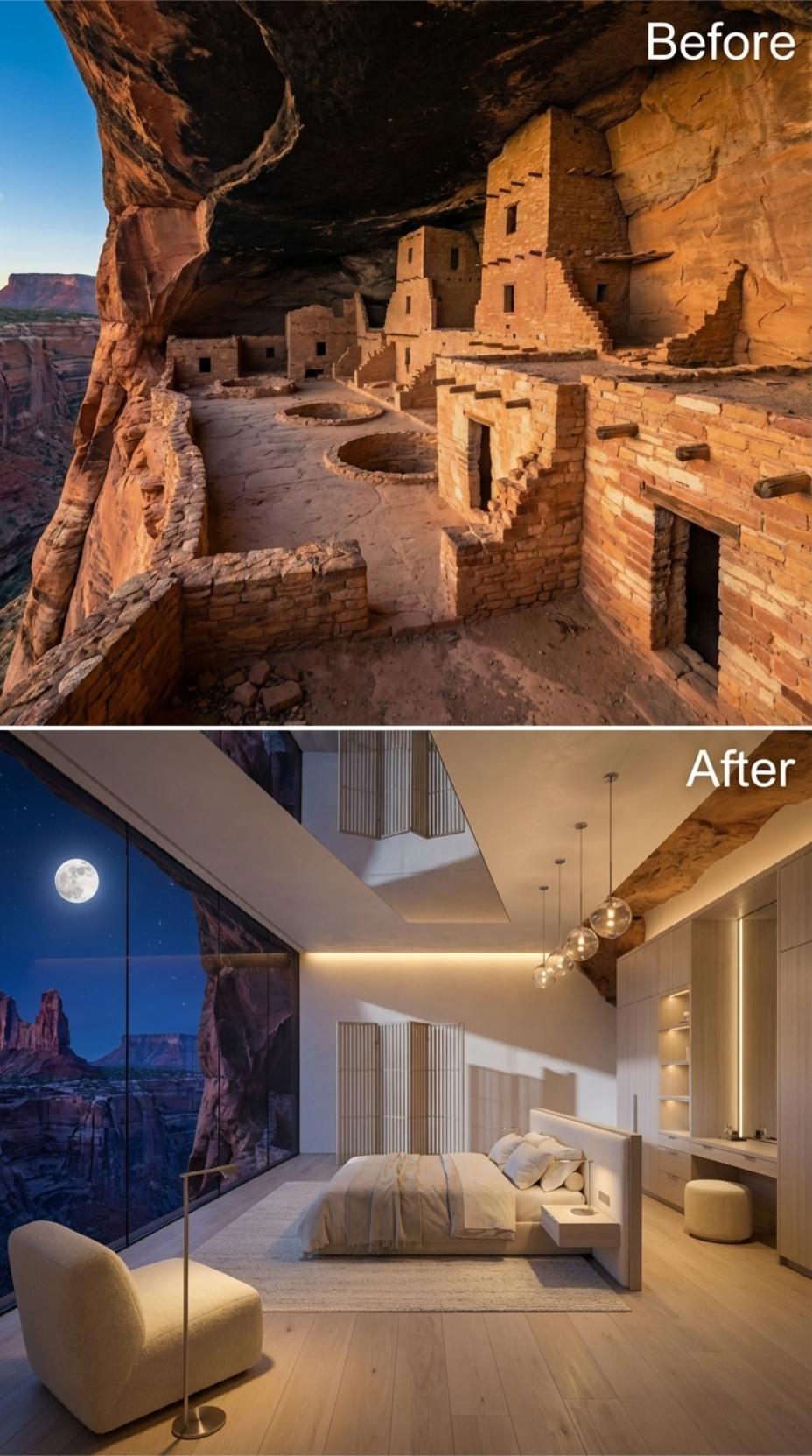 Moon-Lit Canyon Glass, Pendant Globes, and Linen Piled Into a Cave Bedroom