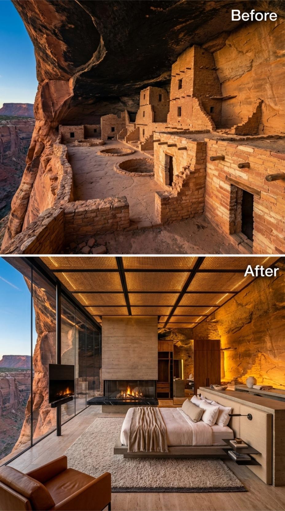 Sandstone Walls, Double-Sided Fireplace, and Linen Piled Into a Canyon Alcove