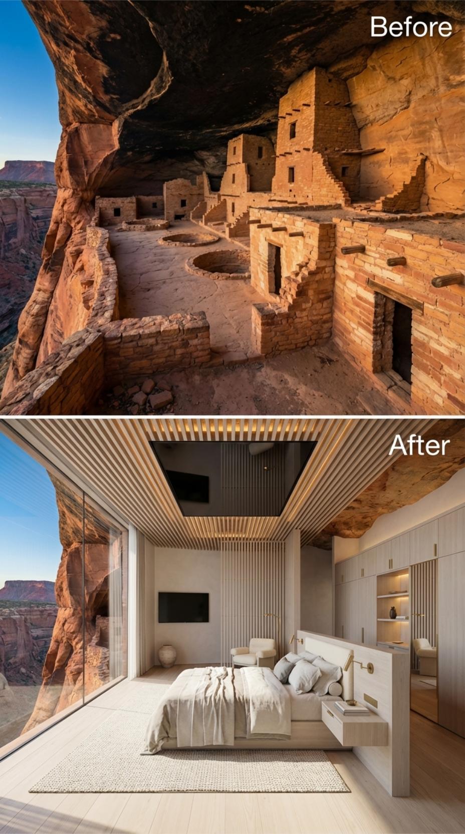 Slatted Timber Ceiling, Canyon Glass Wall, and Linen Bedding in Bone White