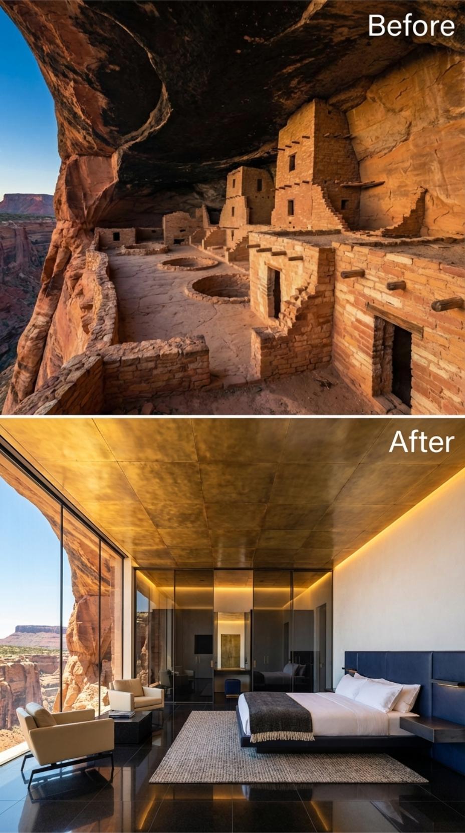 Brass Ceiling, Canyon Glass, and a Navy Headboard Anchoring the Desert Below