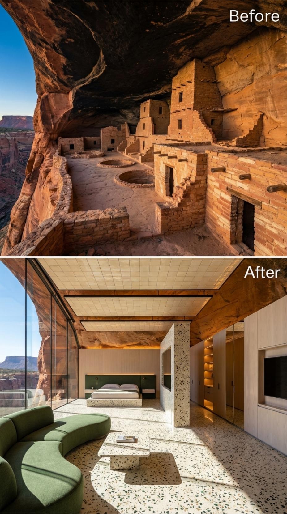 Terrazzo Floors, Curved Sage Velvet, and a Cave Ceiling Left Exactly As Found