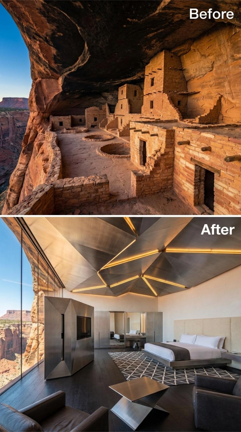 Faceted Steel Ceiling, Canyon Glass Wall, and a Bedroom Suspended Over Desert Red Rock