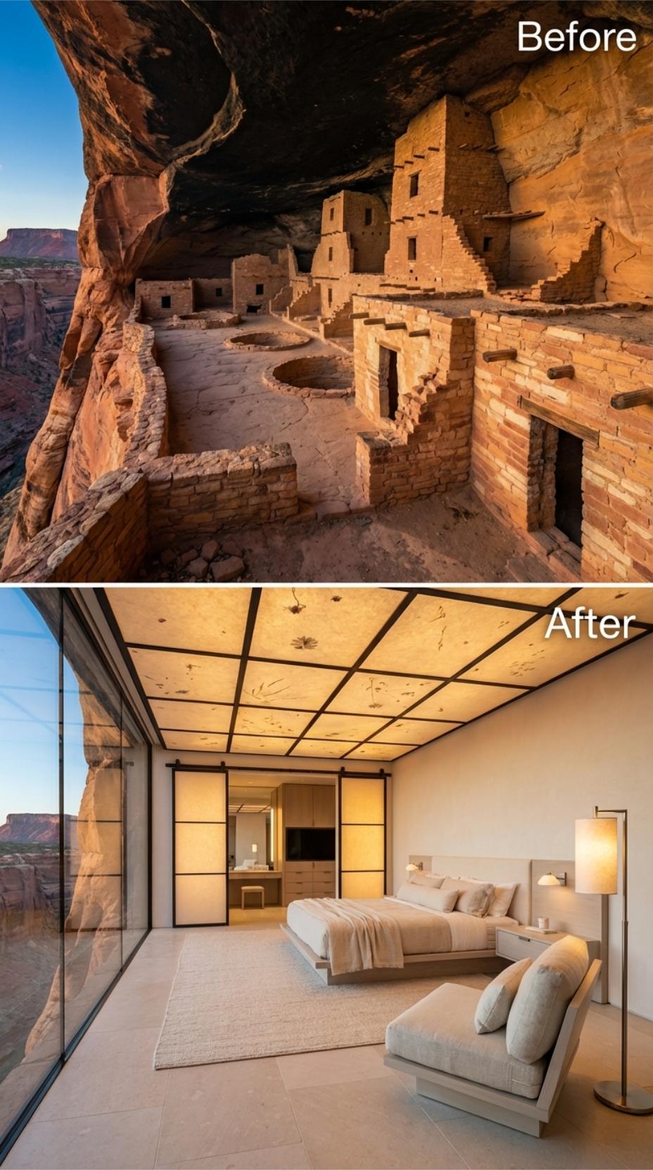 Backlit Onyx Ceiling Grid, Canyon Glass, and Linen Bedding in Bone White