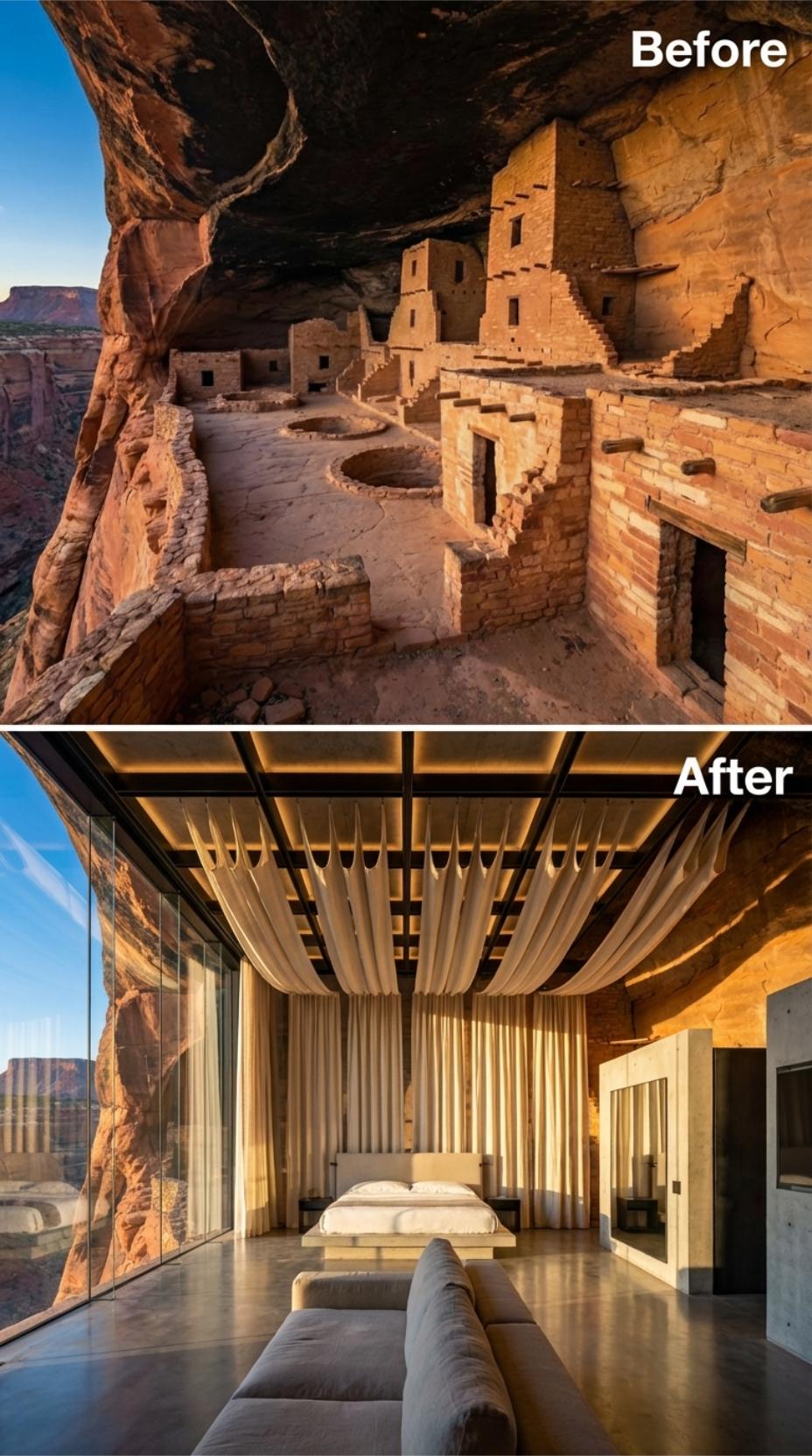 Draped Cream Ceiling Panels, Canyon Glass, and Concrete Floors Cut Into Desert Rock