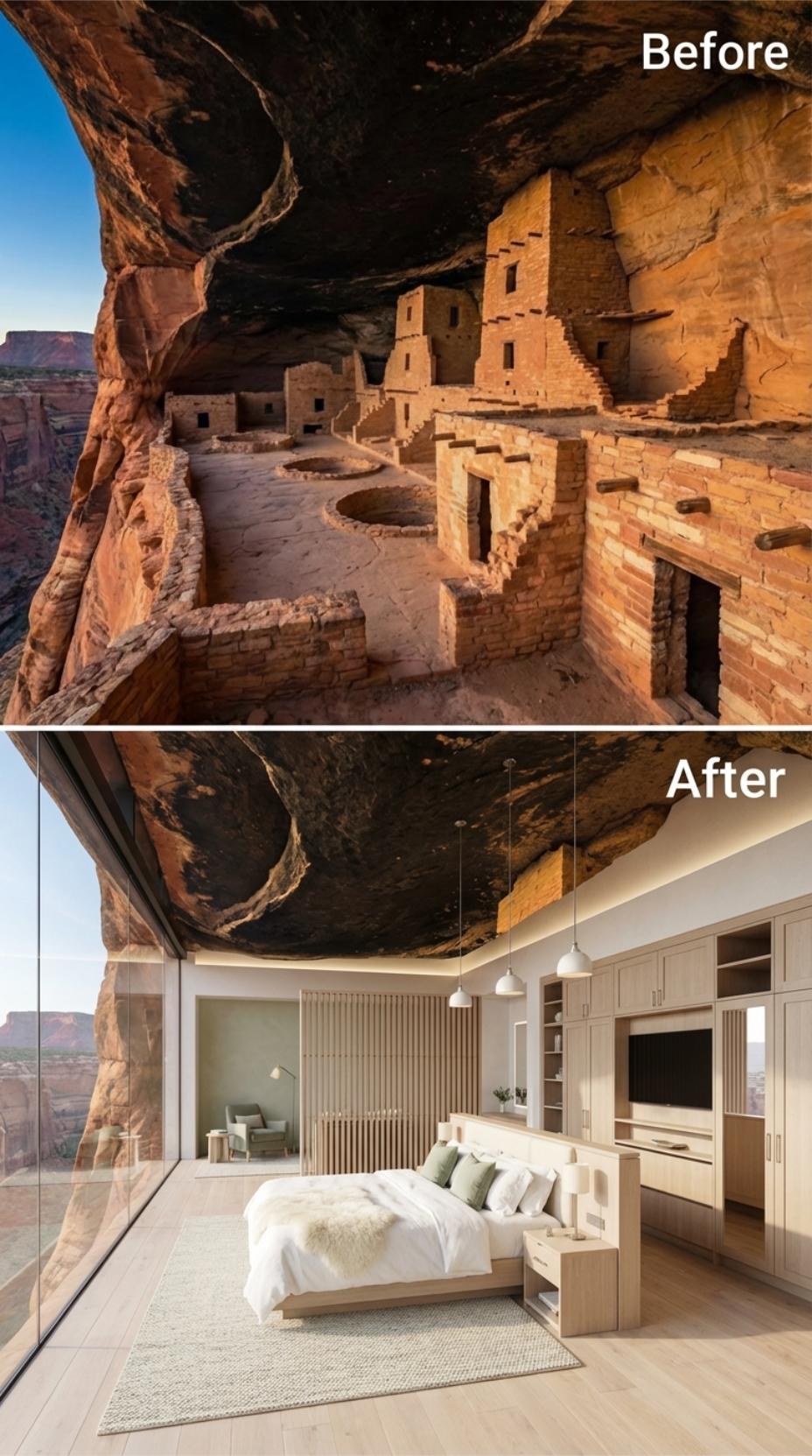 Raw Cave Ceiling, Linen Bed, Glass Wall: One Room Holds All Three