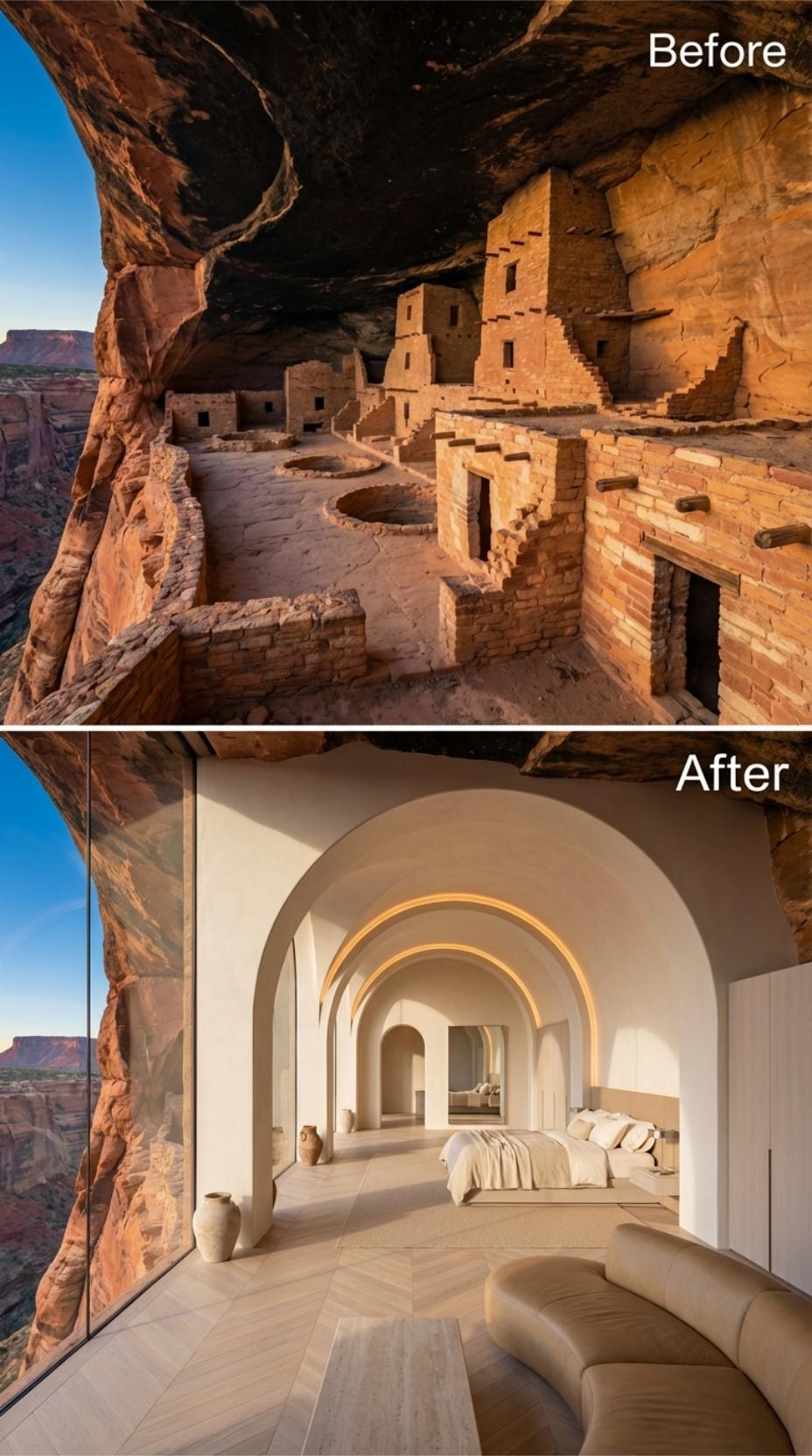 Arched Plaster Corridors, Warm Cove Lighting, and a Bedroom Built Into Canyon Rock
